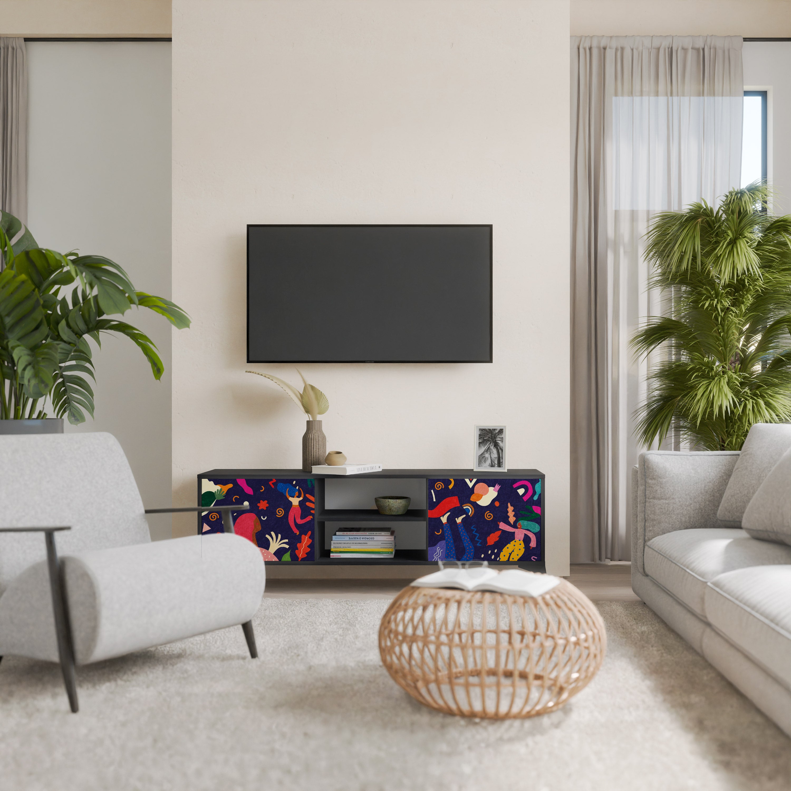 Mueble de TV de 2 puertas PLACERES FESTIVOS con acabado negro