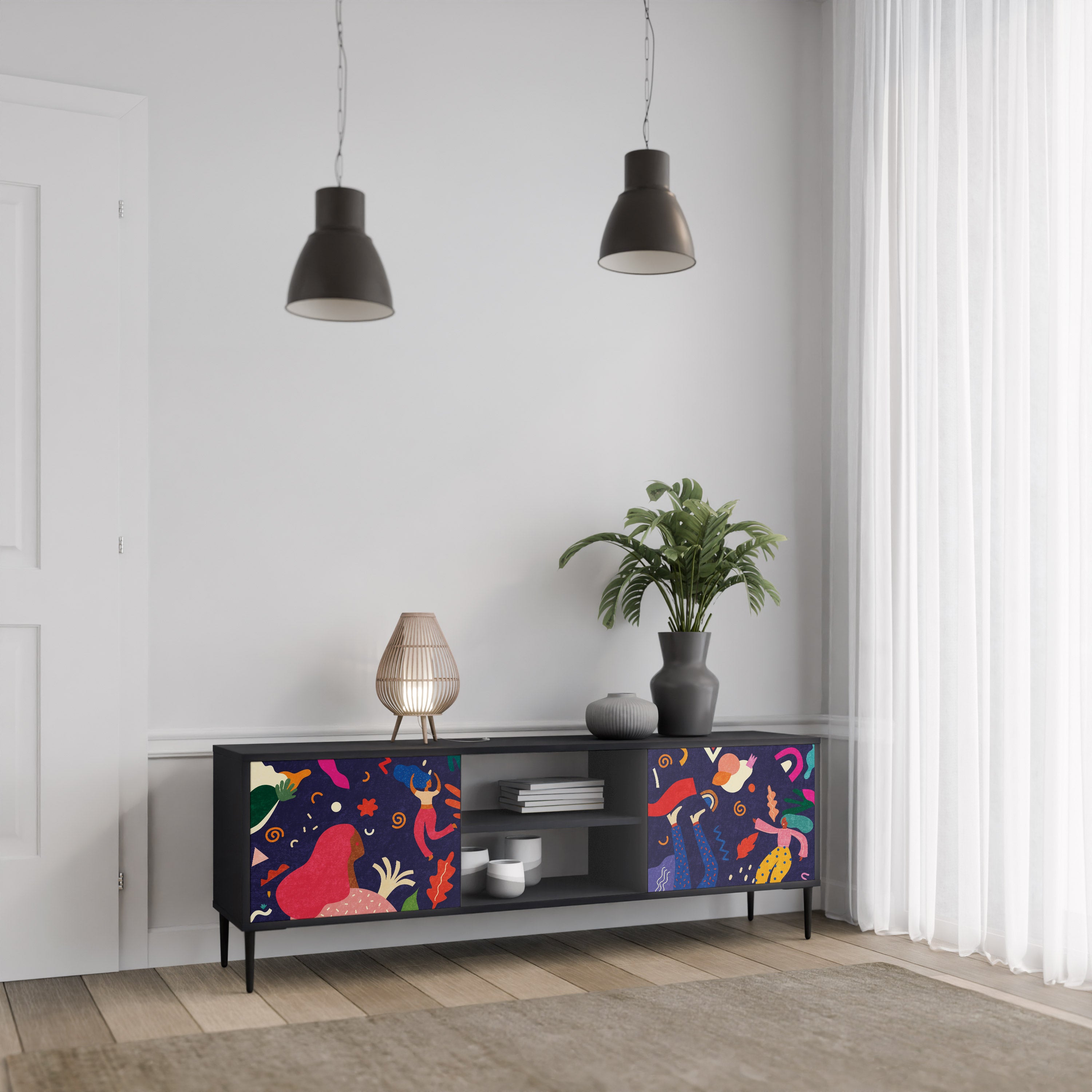 Mueble de TV de 2 puertas PLACERES FESTIVOS con acabado negro
