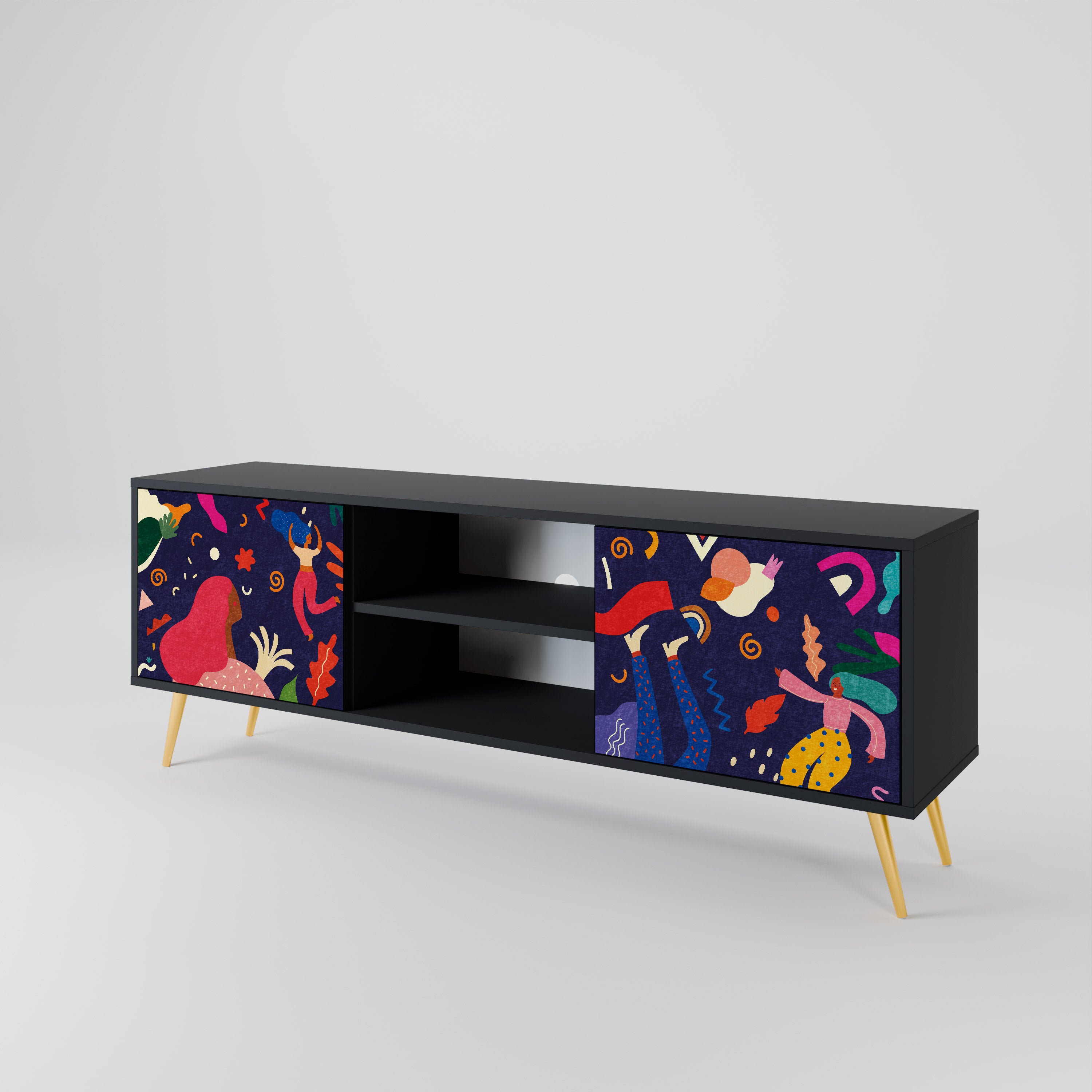 Mueble de TV de 2 puertas PLACERES FESTIVOS con acabado negro