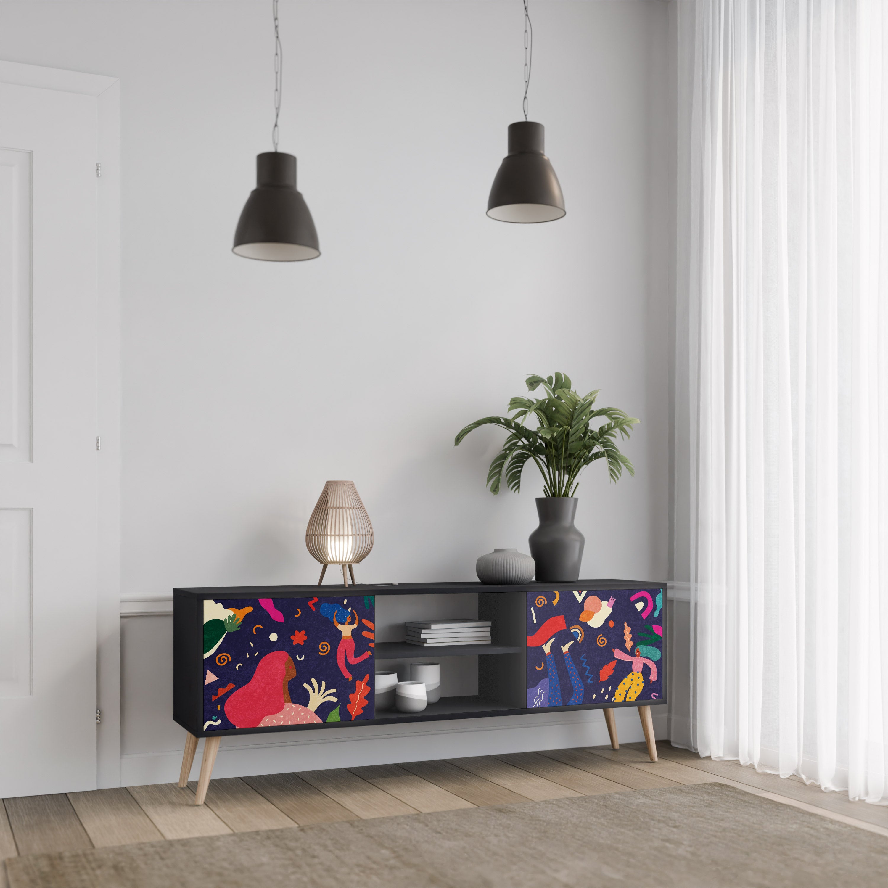 Mueble de TV de 2 puertas PLACERES FESTIVOS con acabado negro