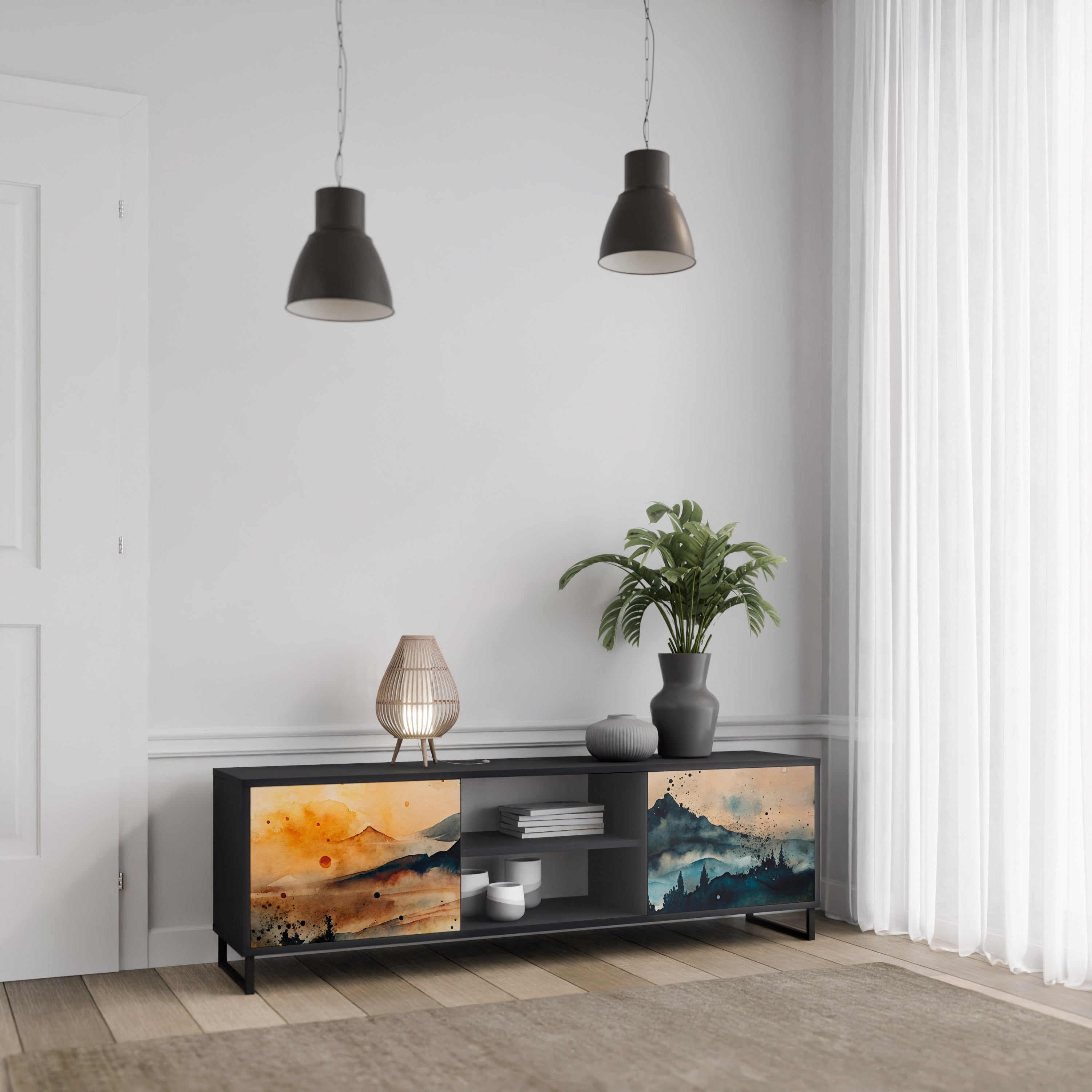 Mueble de TV de 2 puertas OMINOUS MOUNTAINS con acabado negro