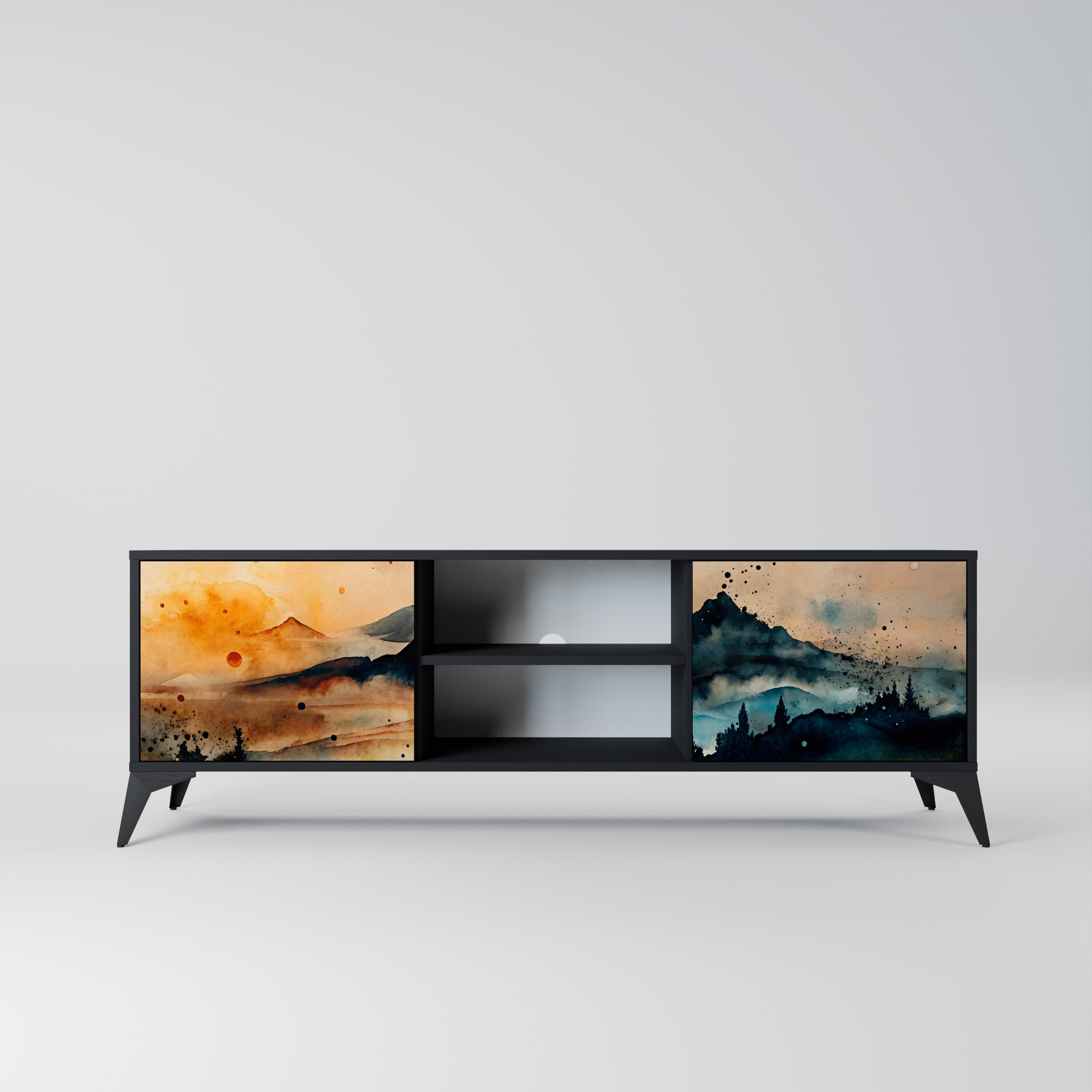 Mueble de TV de 2 puertas OMINOUS MOUNTAINS con acabado negro