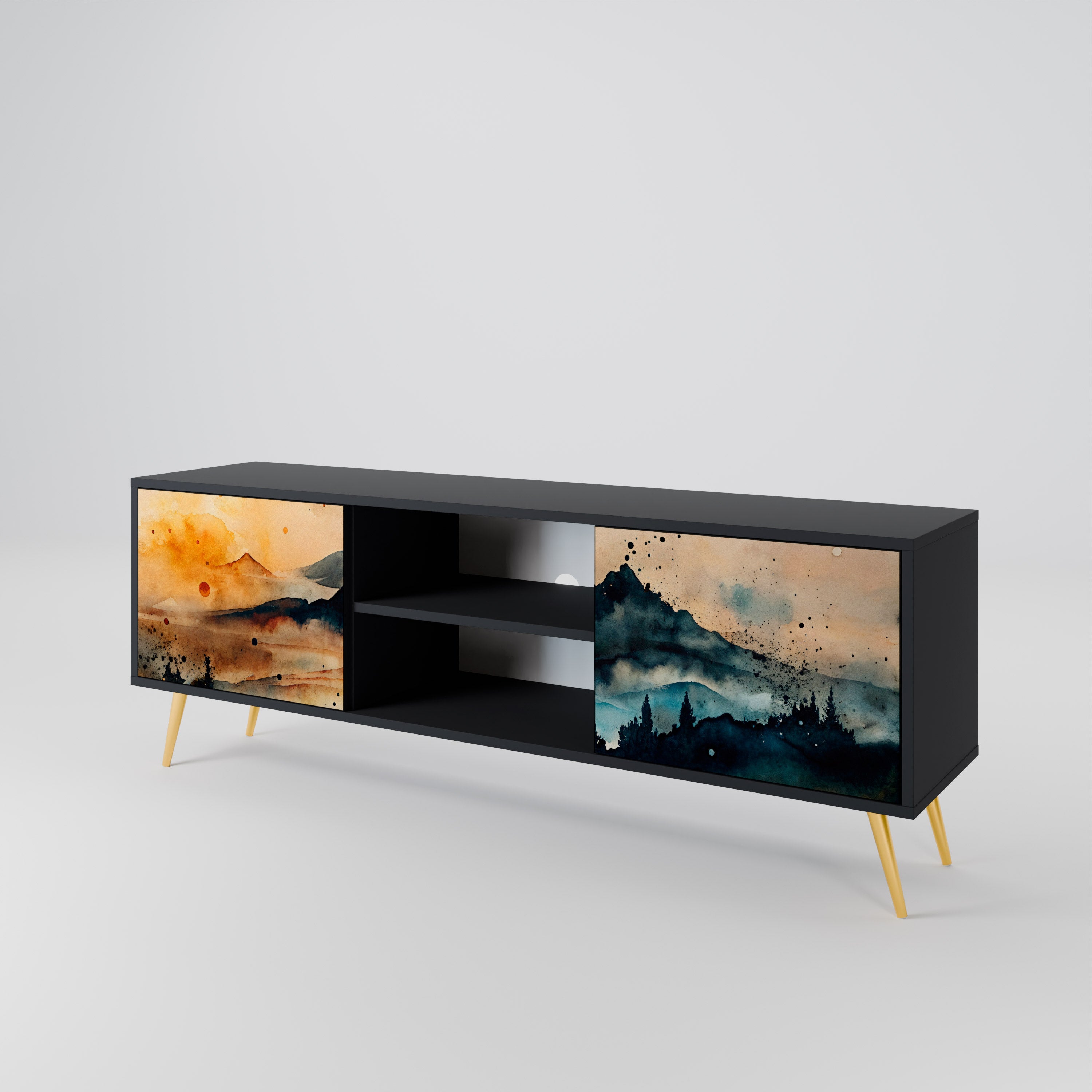 Mueble de TV de 2 puertas OMINOUS MOUNTAINS con acabado negro