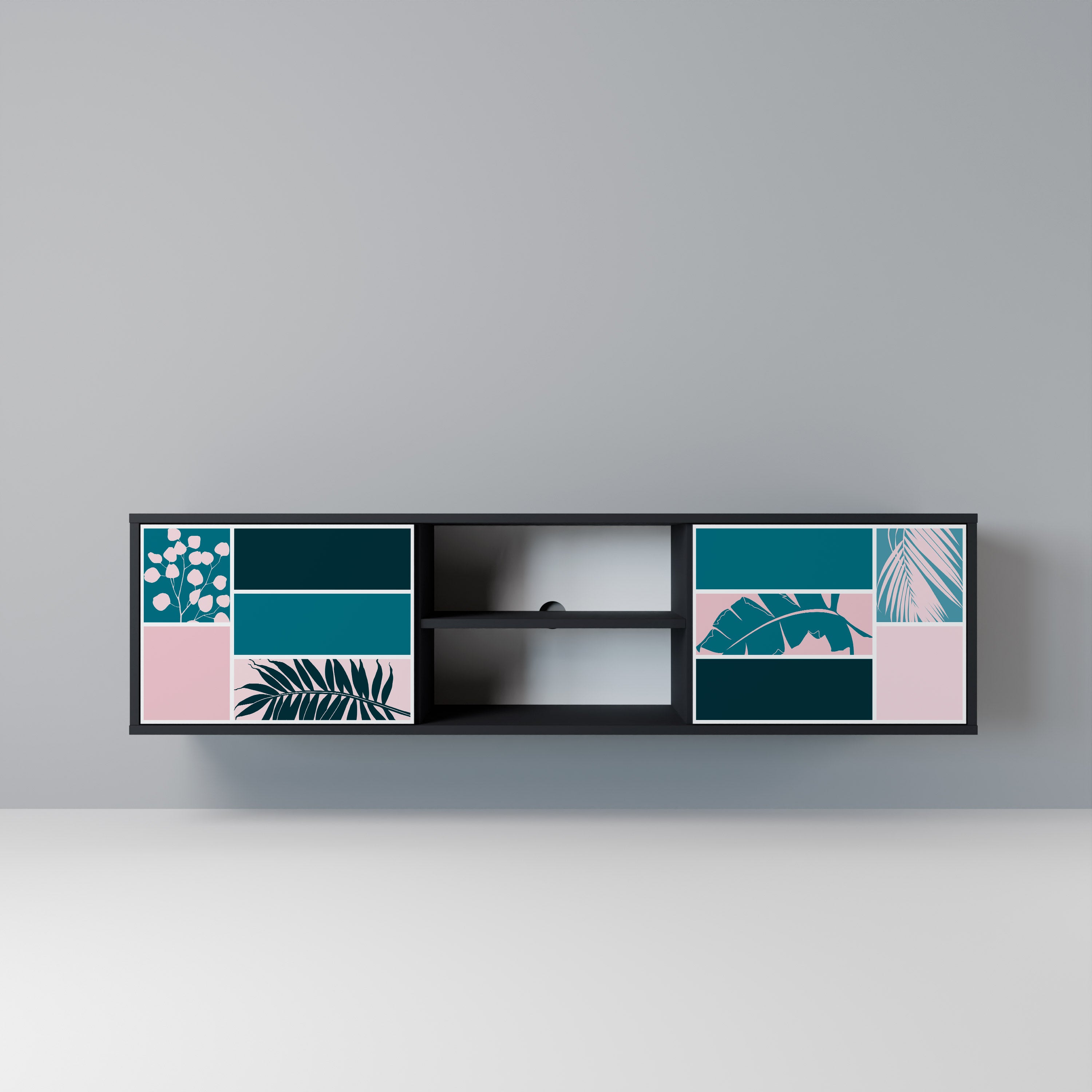 COMBINACIÓN DE FORMAS Mueble de TV de 2 puertas en acabado negro