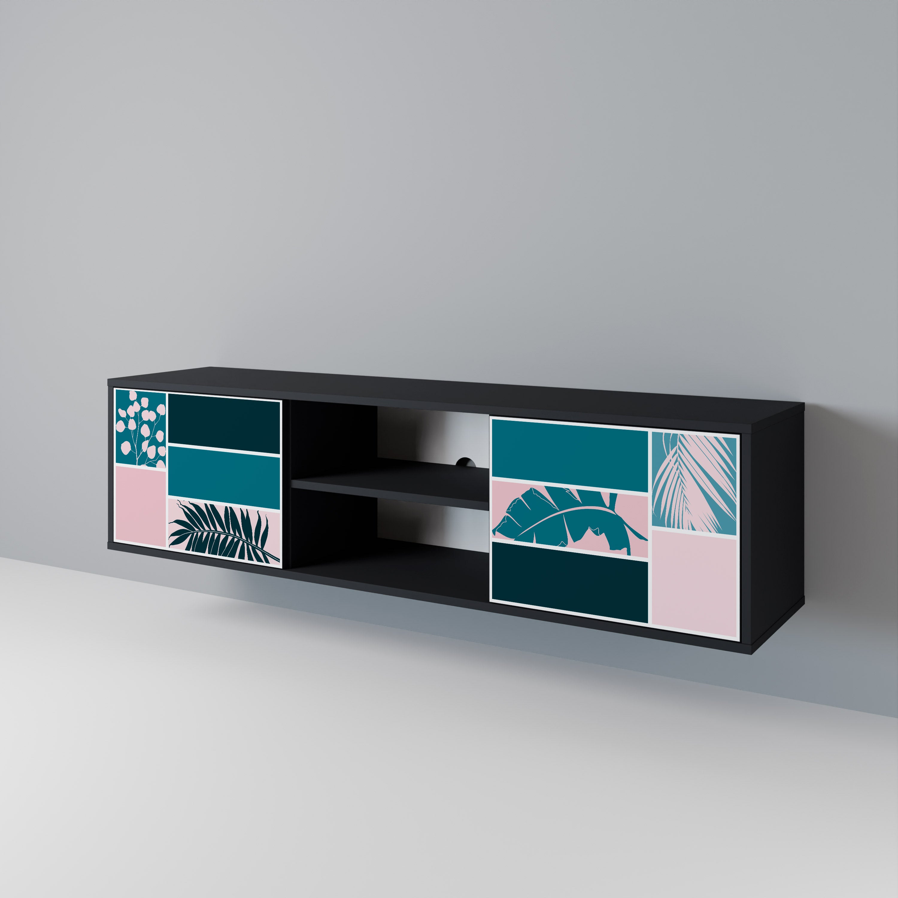 COMBINACIÓN DE FORMAS Mueble de TV de 2 puertas en acabado negro