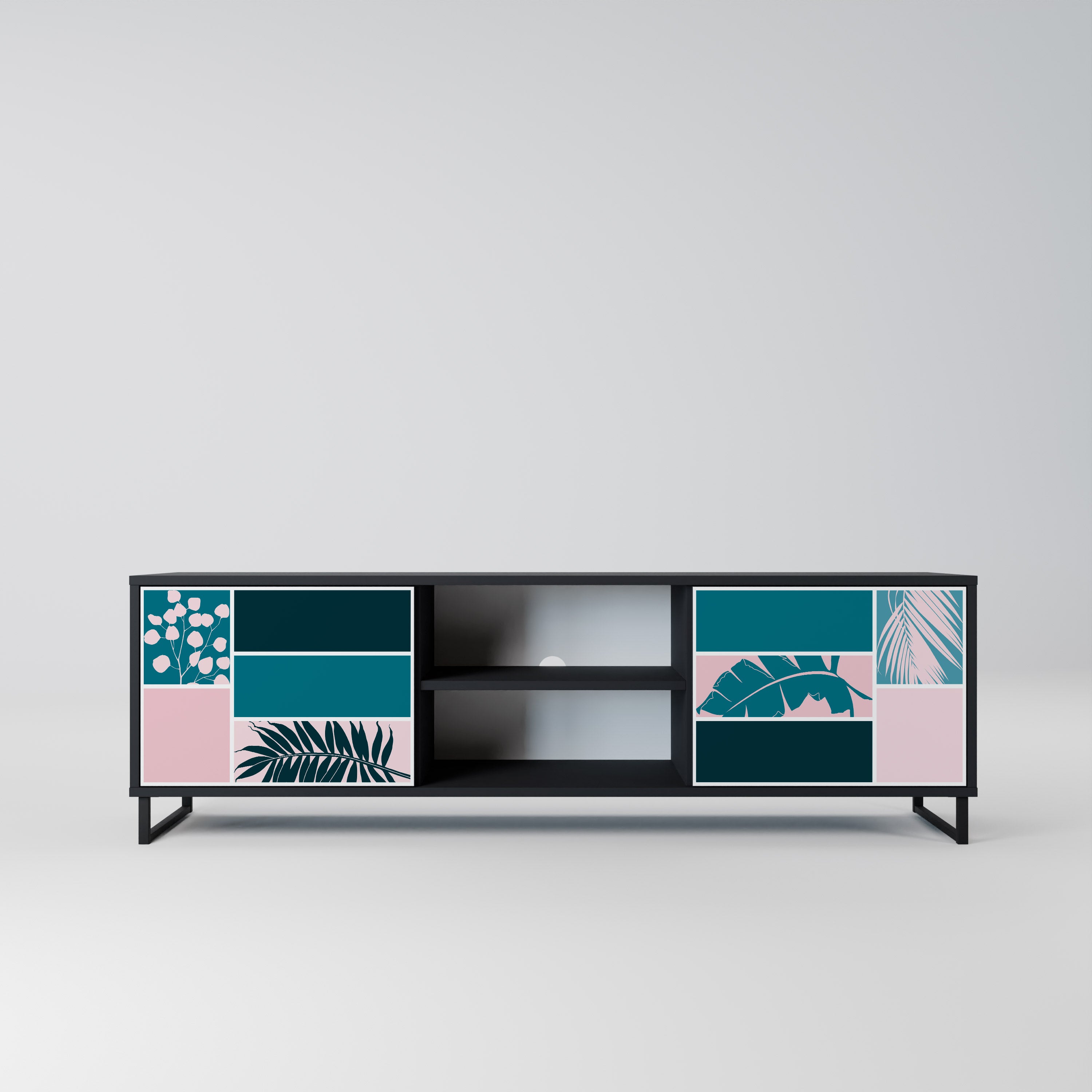 COMBINACIÓN DE FORMAS Mueble de TV de 2 puertas en acabado negro