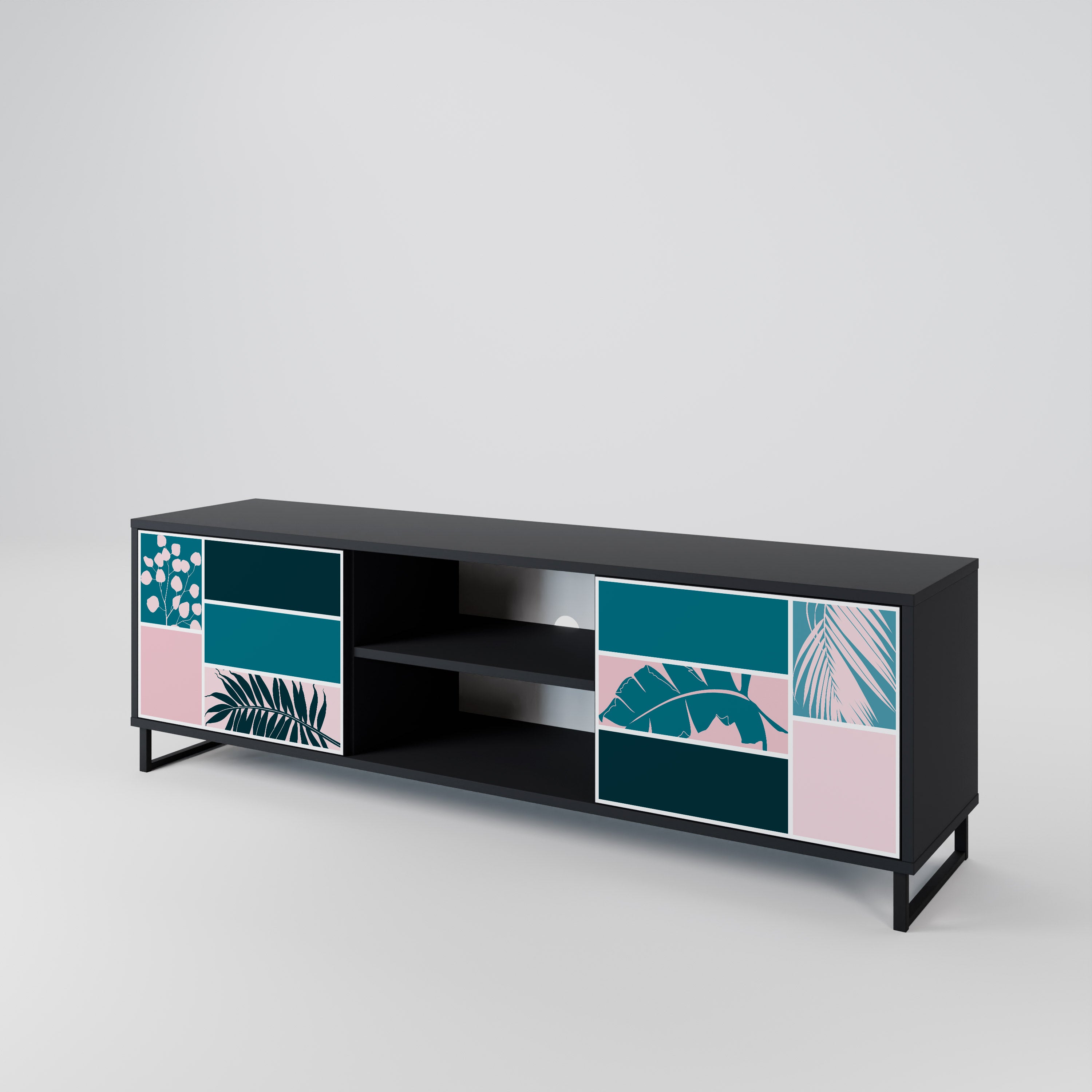 COMBINACIÓN DE FORMAS Mueble de TV de 2 puertas en acabado negro