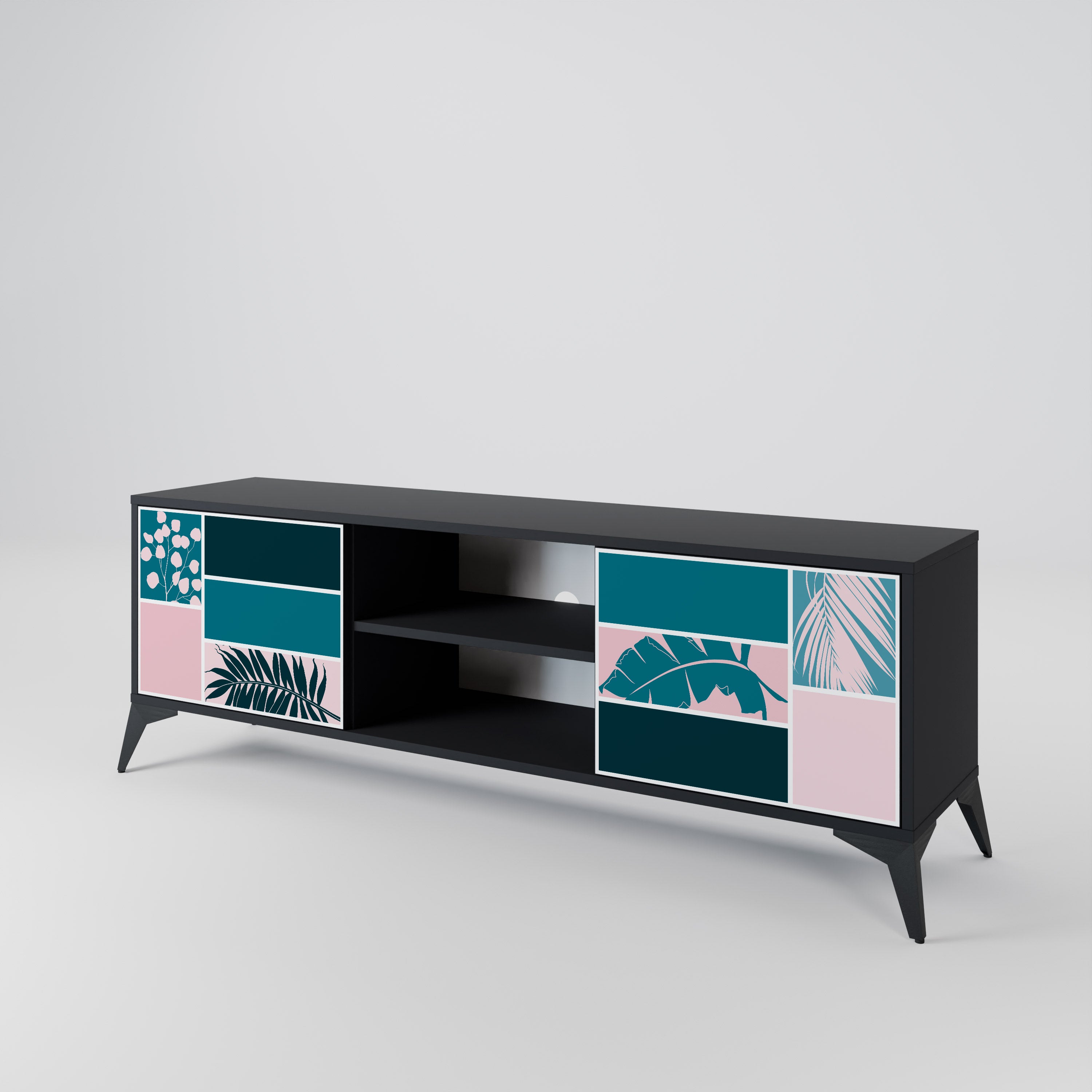 COMBINACIÓN DE FORMAS Mueble de TV de 2 puertas en acabado negro