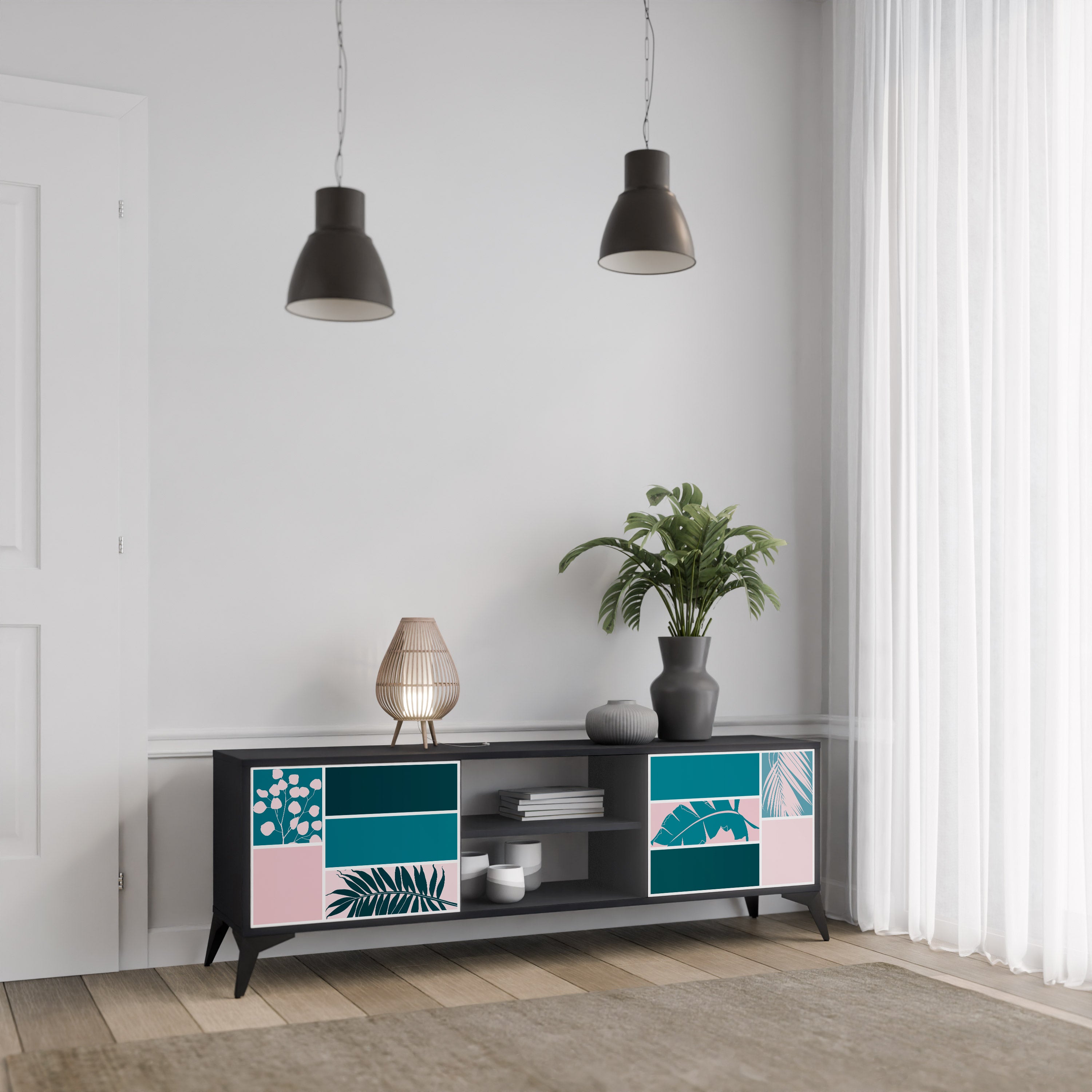 COMBINACIÓN DE FORMAS Mueble de TV de 2 puertas en acabado negro