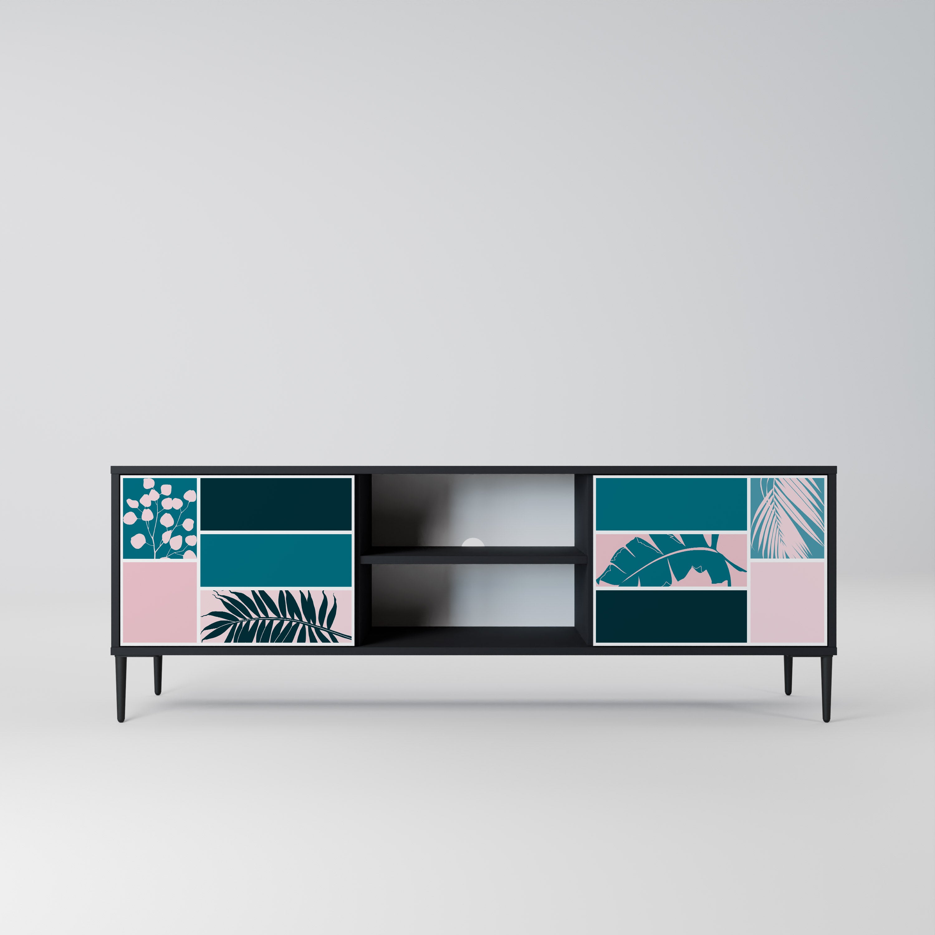 COMBINACIÓN DE FORMAS Mueble de TV de 2 puertas en acabado negro
