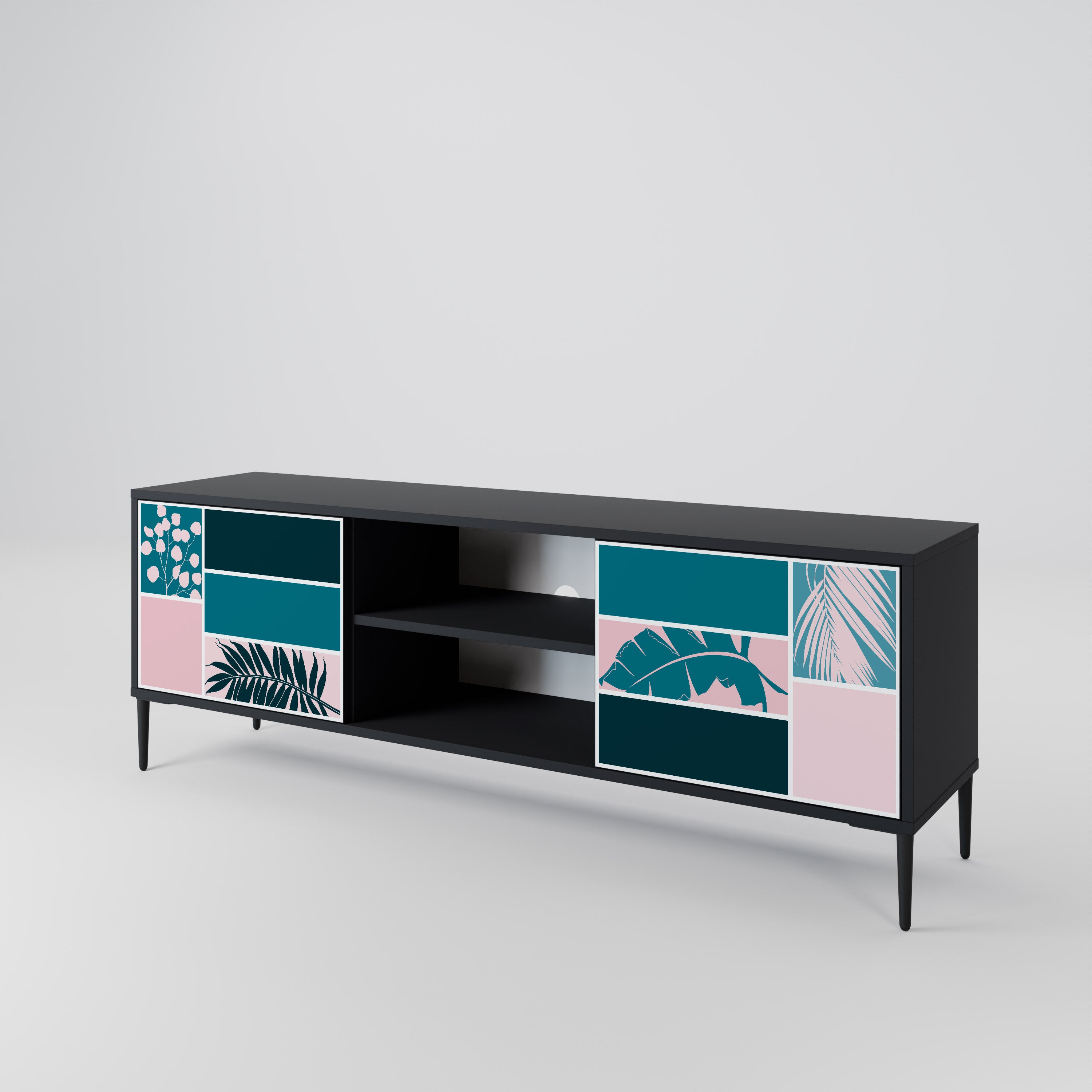 COMBINACIÓN DE FORMAS Mueble de TV de 2 puertas en acabado negro