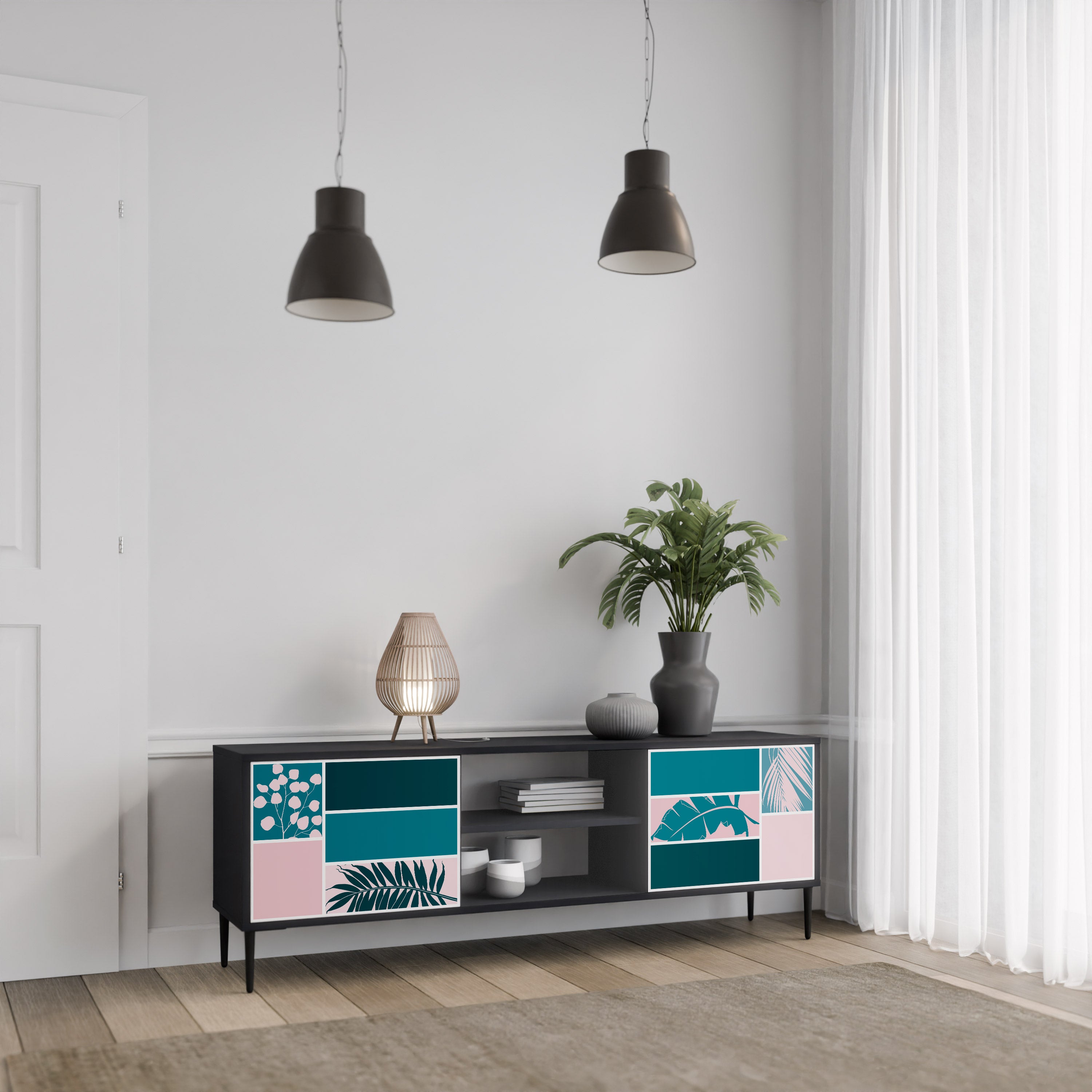COMBINACIÓN DE FORMAS Mueble de TV de 2 puertas en acabado negro