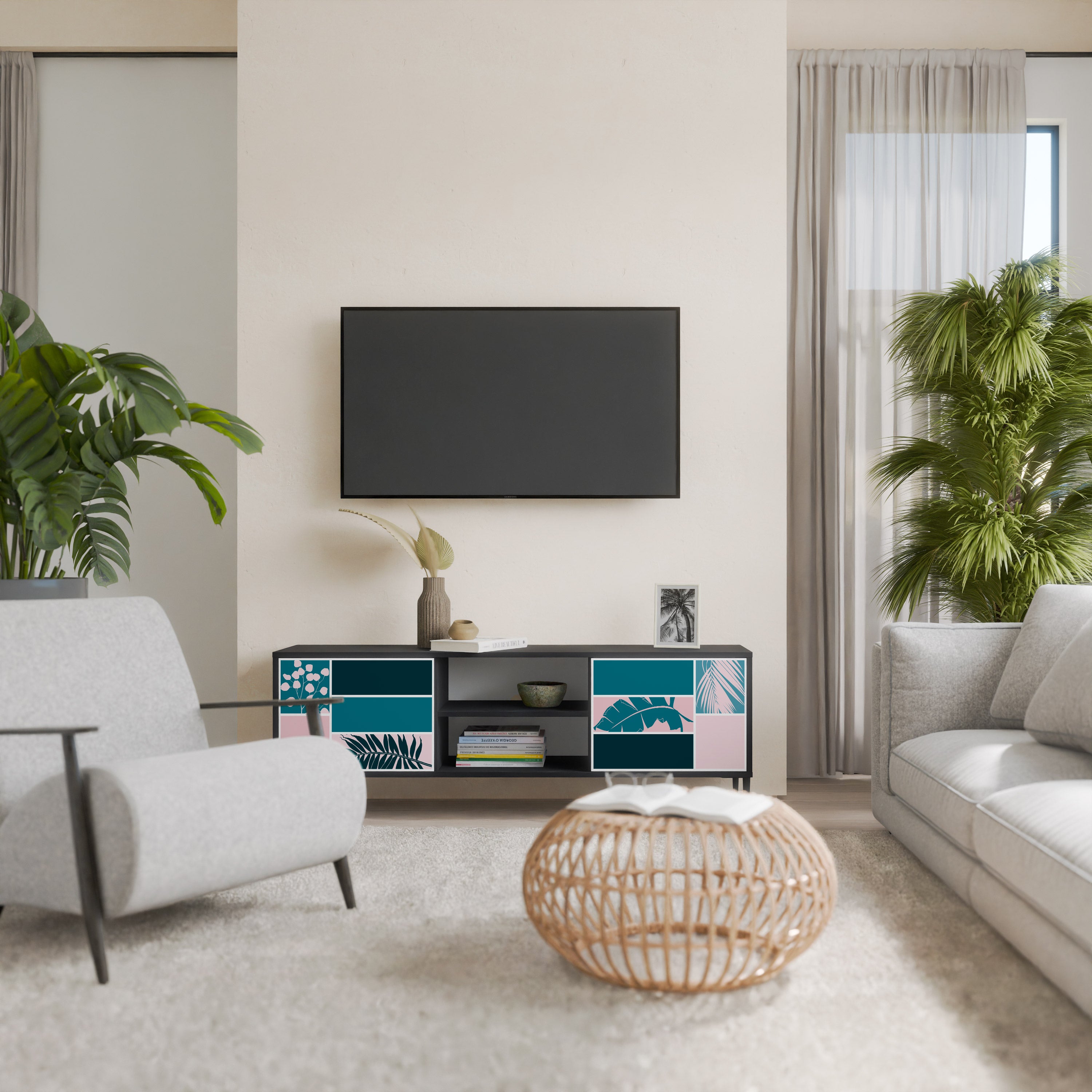 COMBINACIÓN DE FORMAS Mueble de TV de 2 puertas en acabado negro