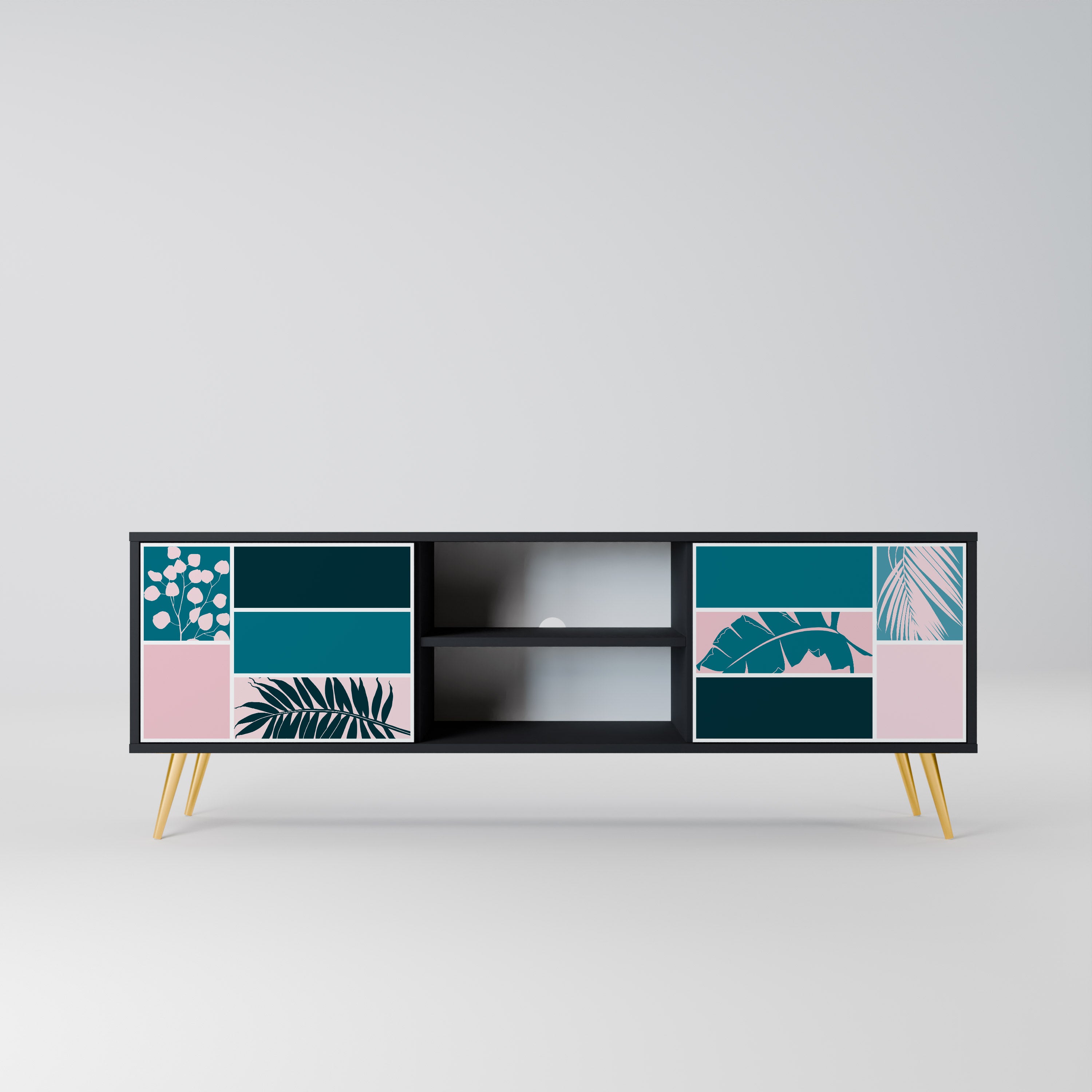 COMBINACIÓN DE FORMAS Mueble de TV de 2 puertas en acabado negro