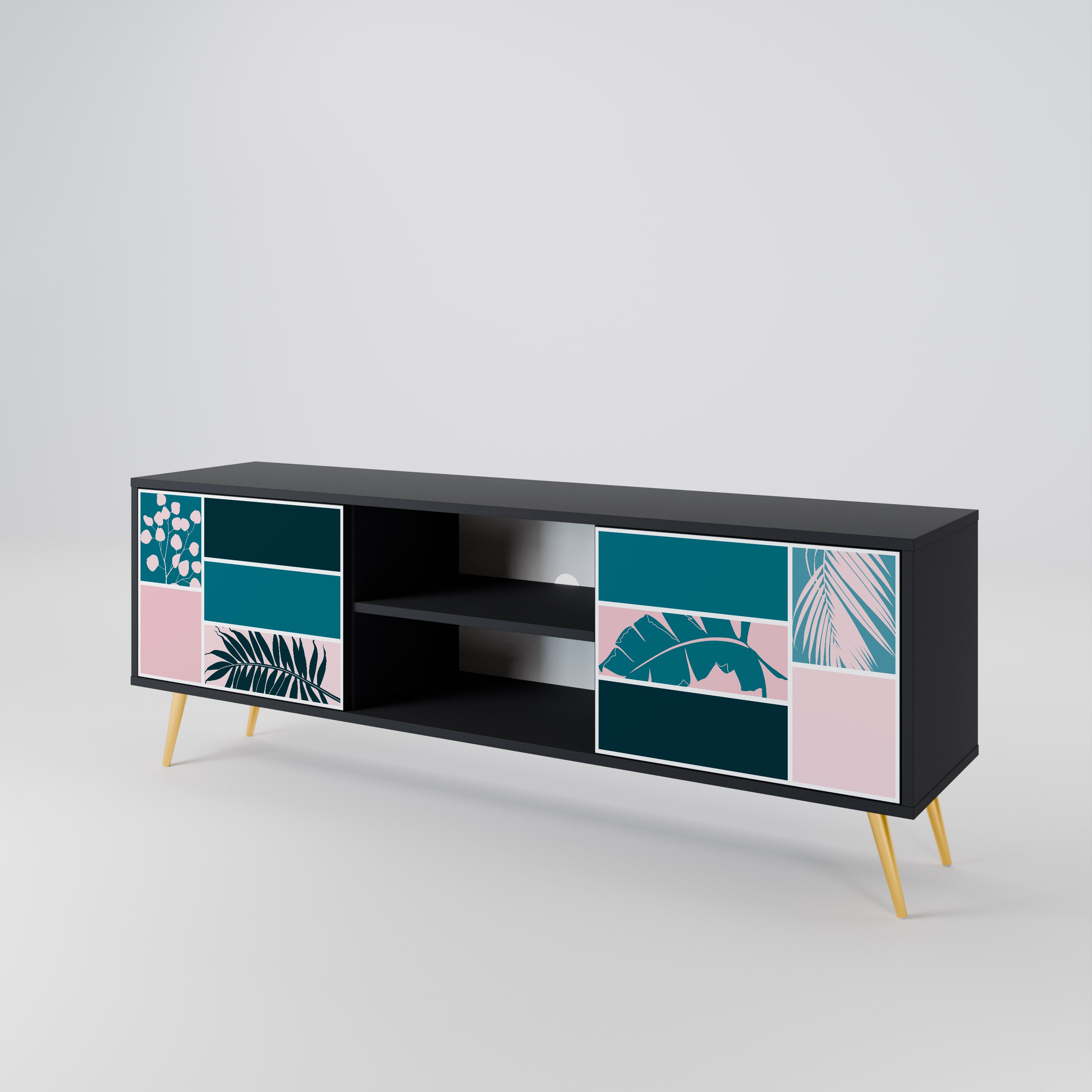 COMBINACIÓN DE FORMAS Mueble de TV de 2 puertas en acabado negro