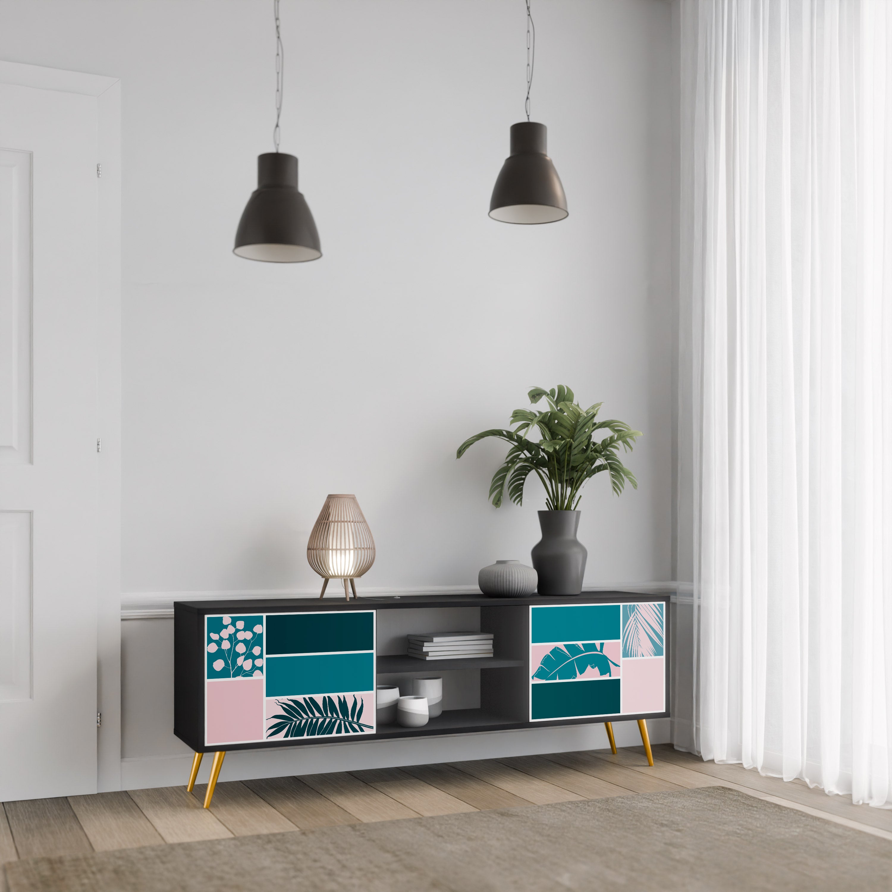 COMBINACIÓN DE FORMAS Mueble de TV de 2 puertas en acabado negro