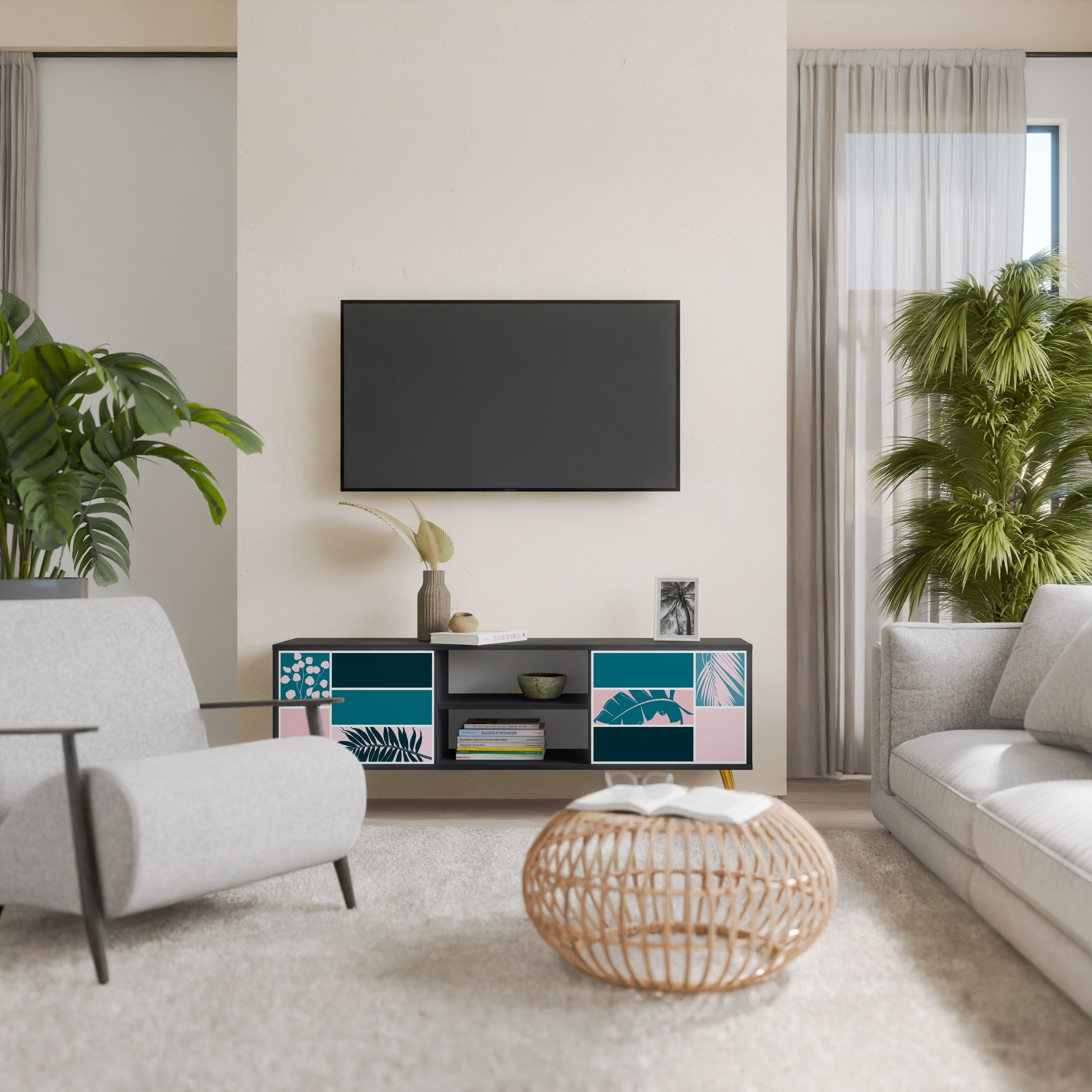 COMBINACIÓN DE FORMAS Mueble de TV de 2 puertas en acabado negro