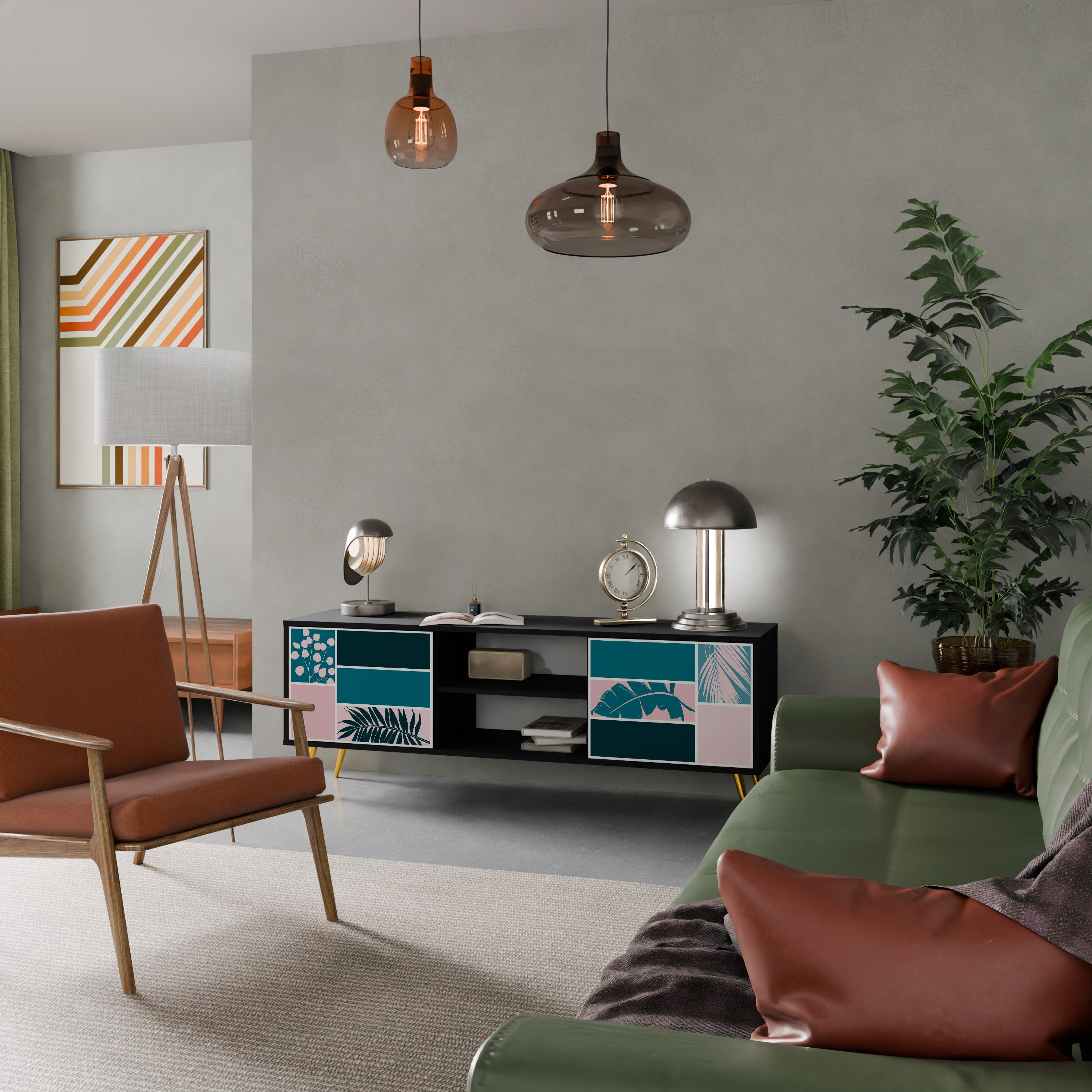 COMBINACIÓN DE FORMAS Mueble de TV de 2 puertas en acabado negro