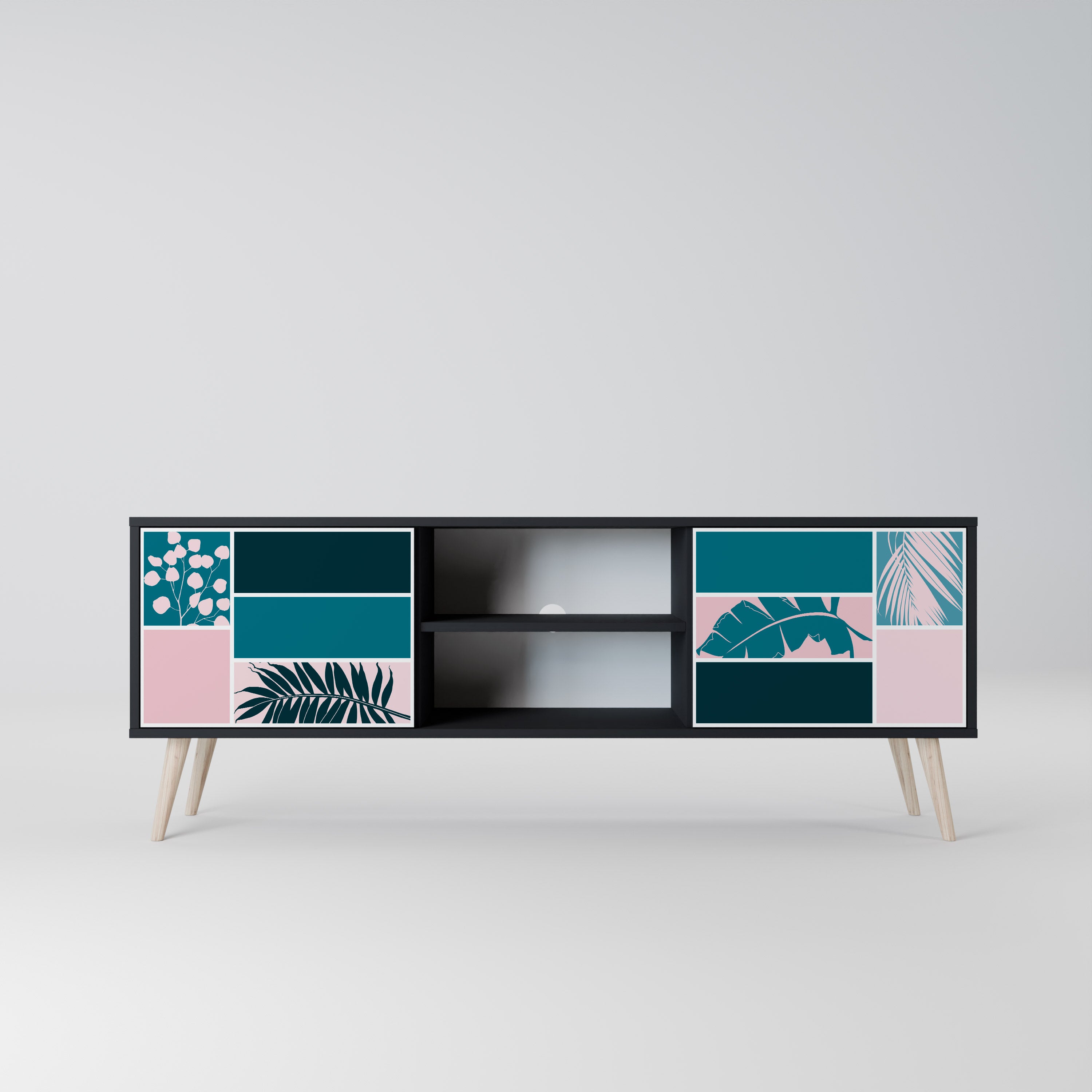 COMBINACIÓN DE FORMAS Mueble de TV de 2 puertas en acabado negro