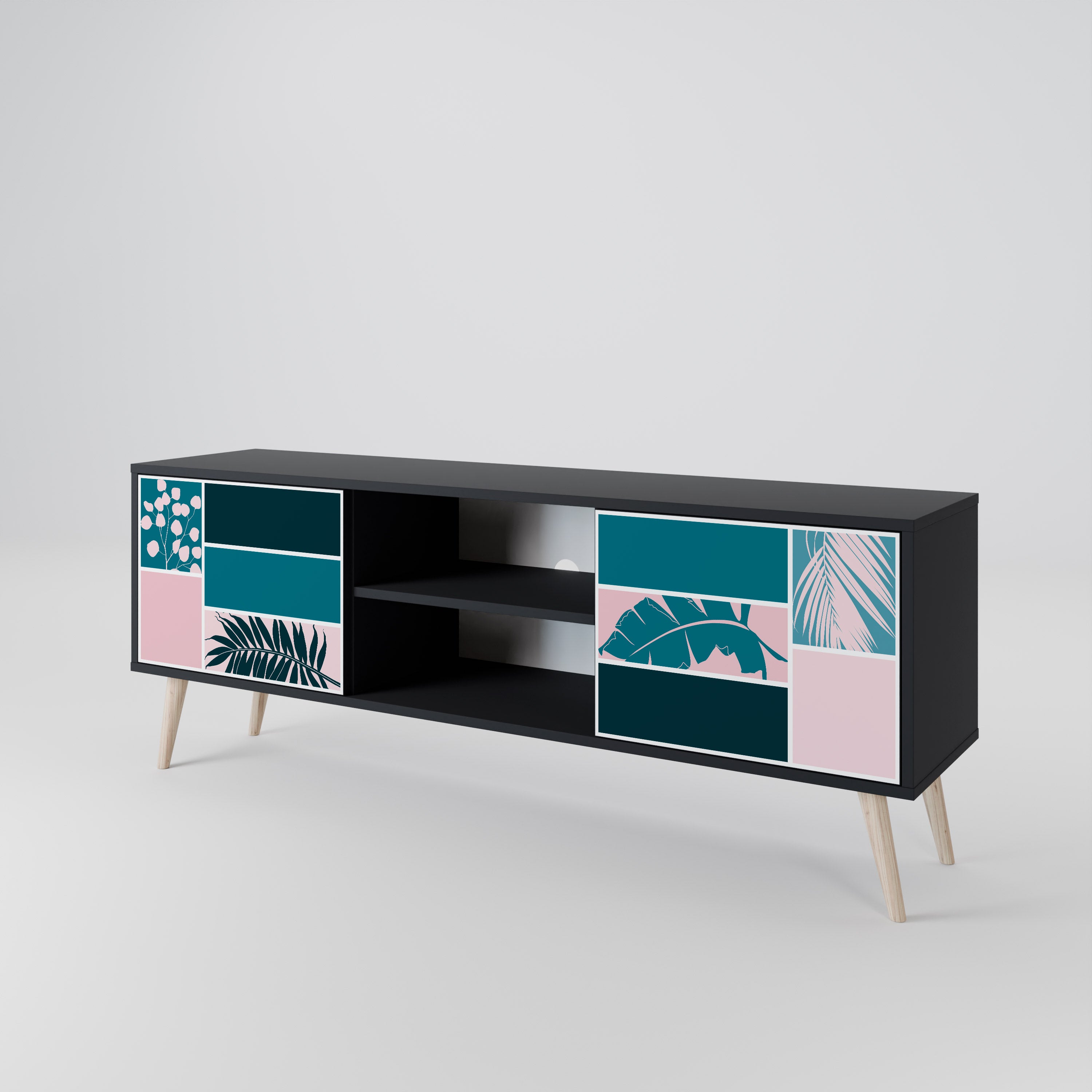 COMBINACIÓN DE FORMAS Mueble de TV de 2 puertas en acabado negro