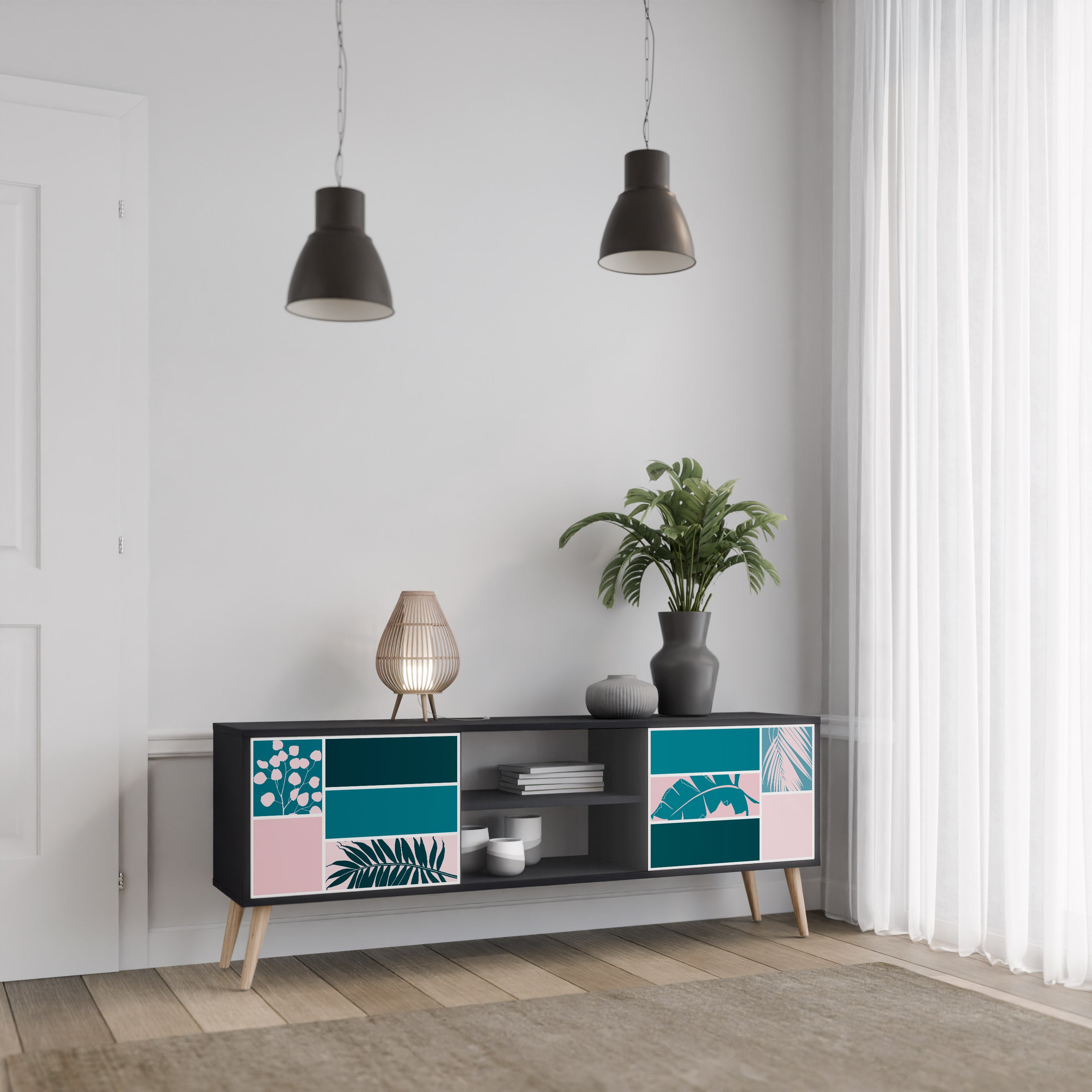 COMBINACIÓN DE FORMAS Mueble de TV de 2 puertas en acabado negro