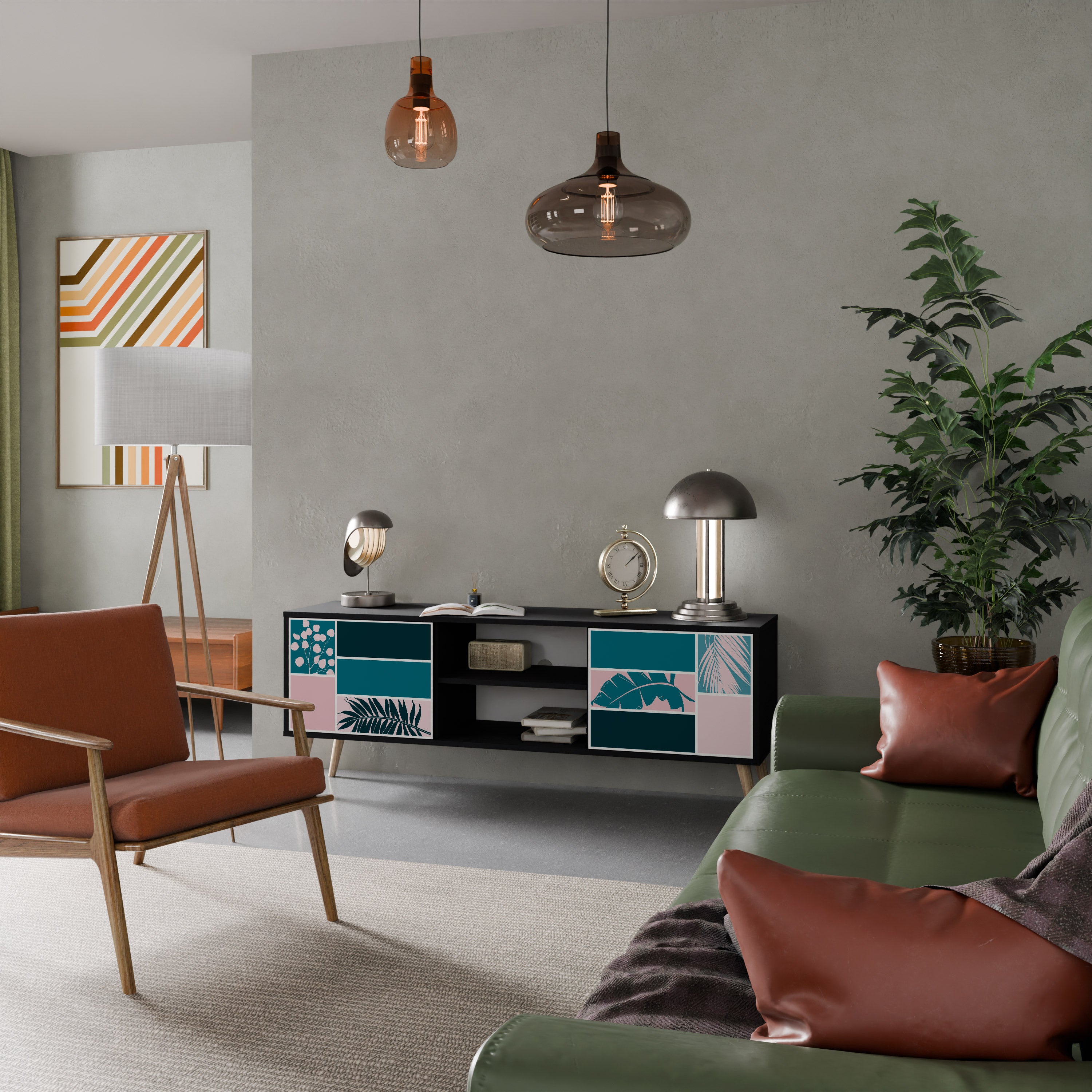 COMBINACIÓN DE FORMAS Mueble de TV de 2 puertas en acabado negro