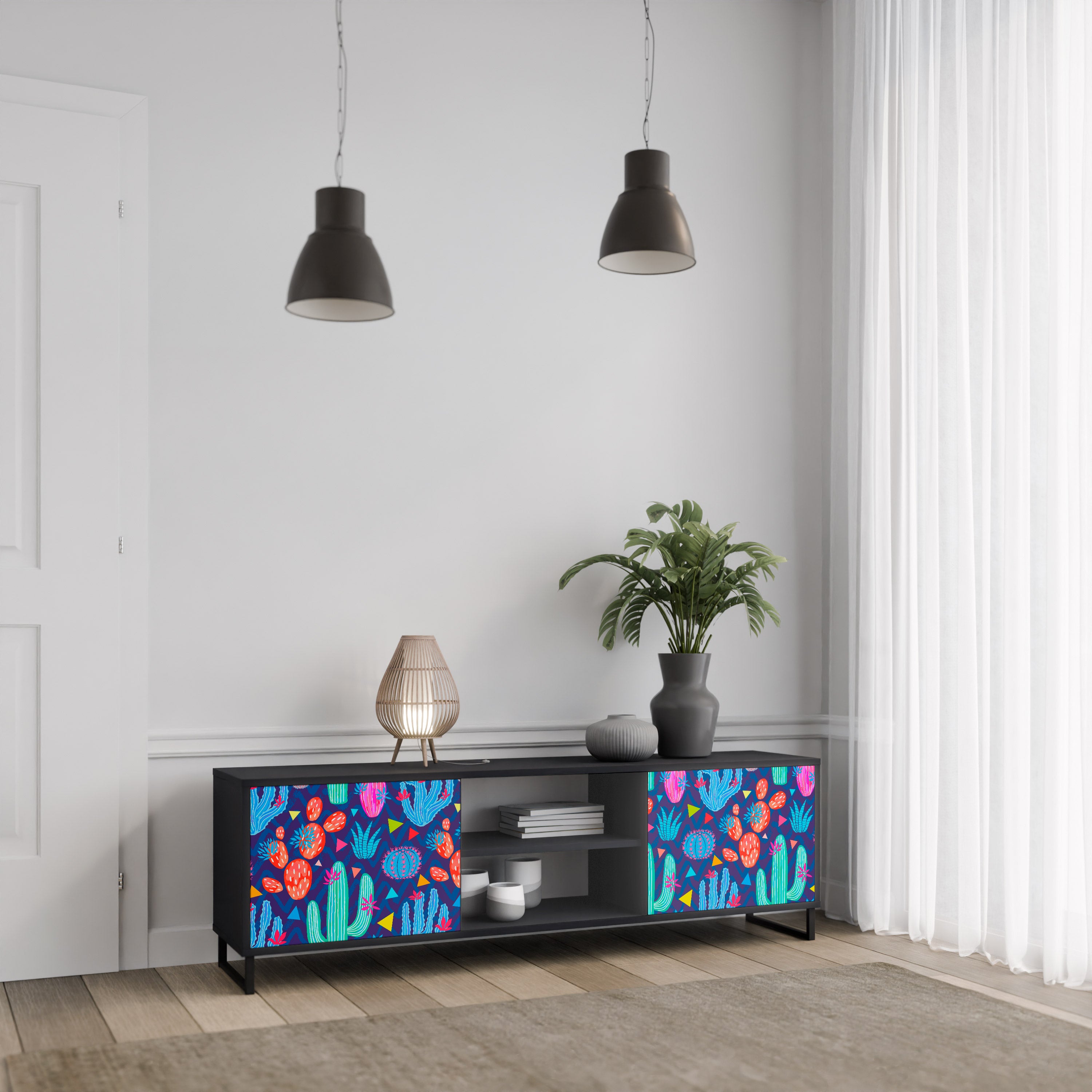 Mueble de TV de 2 puertas CACTUS VIBES en acabado negro