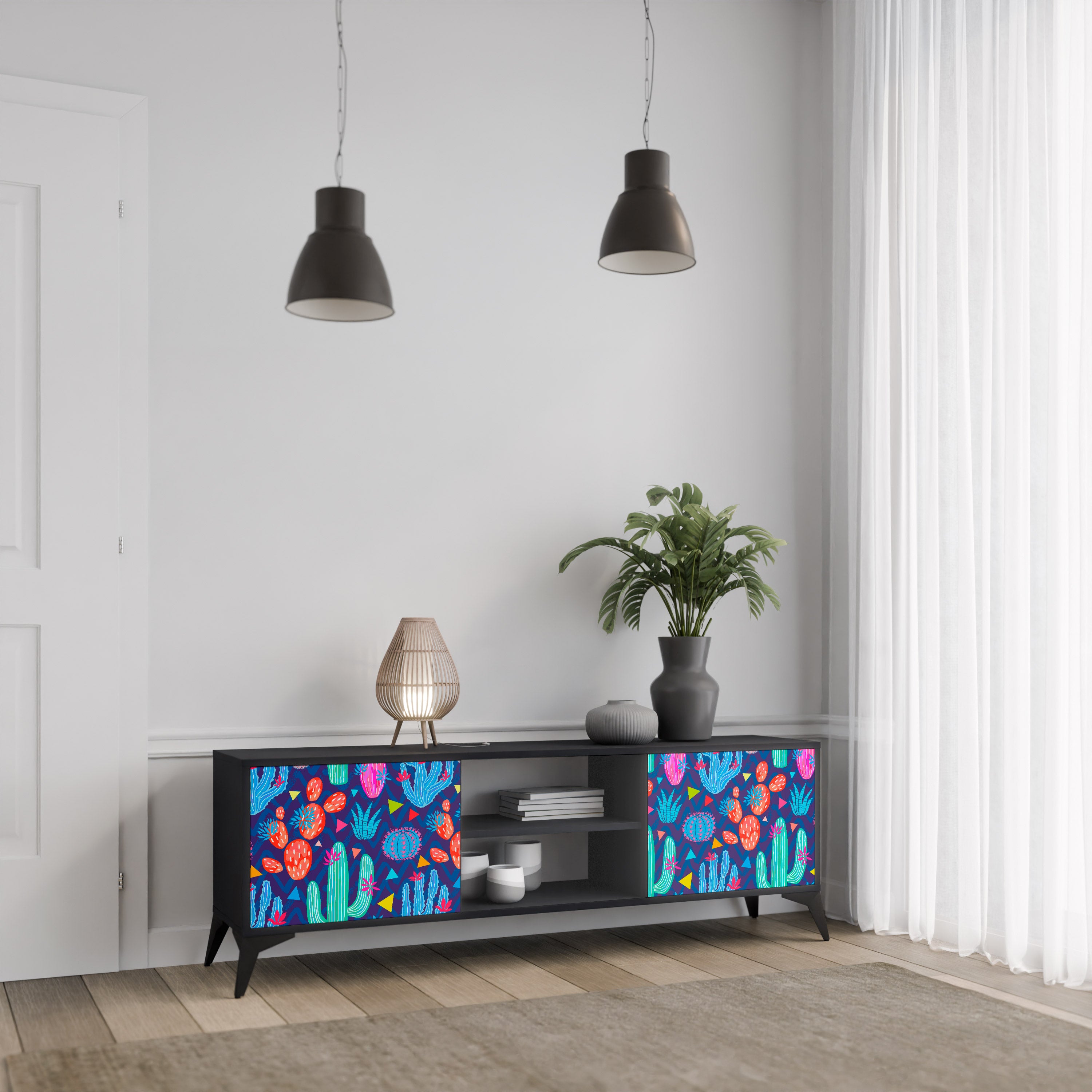 Mueble de TV de 2 puertas CACTUS VIBES en acabado negro