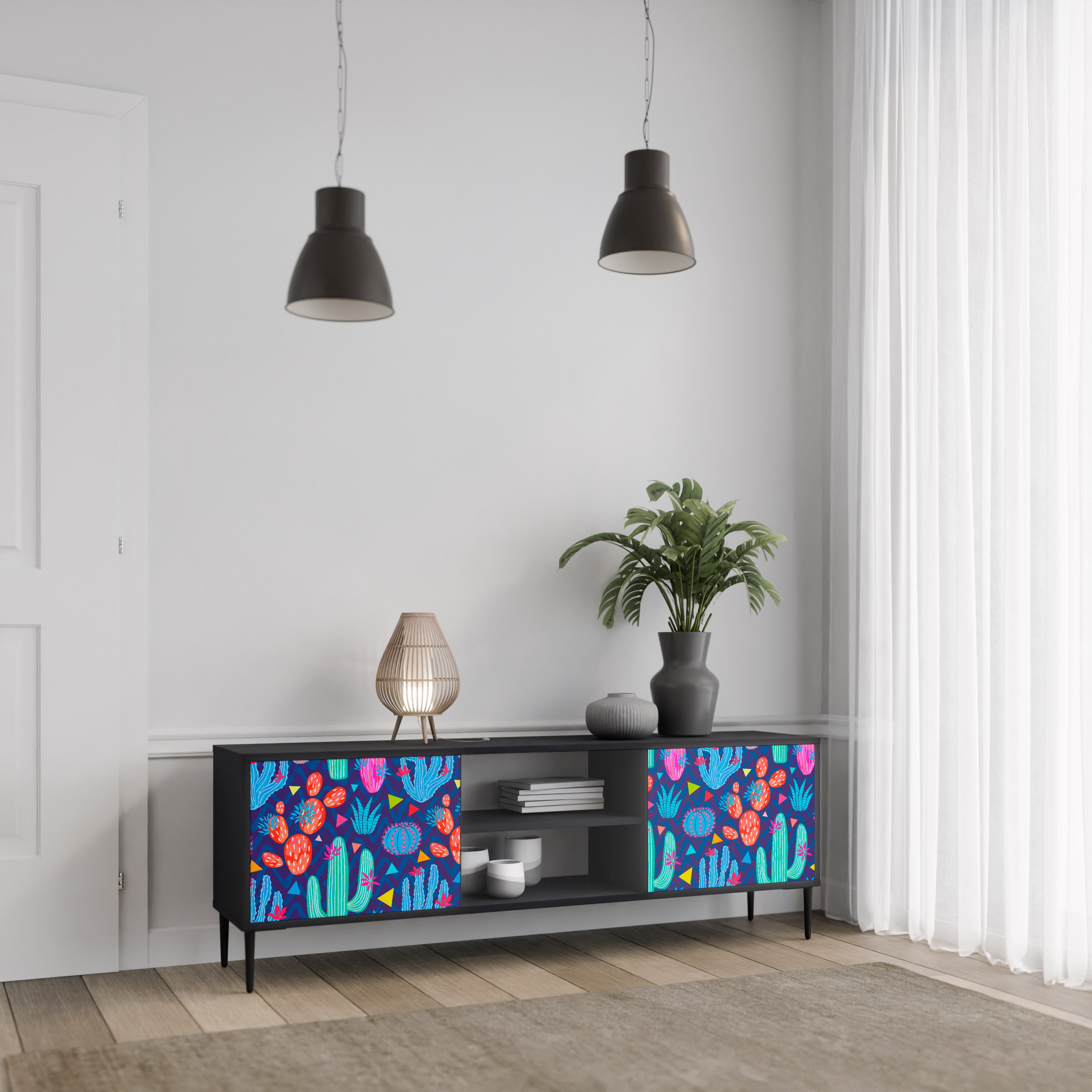 Mueble de TV de 2 puertas CACTUS VIBES en acabado negro