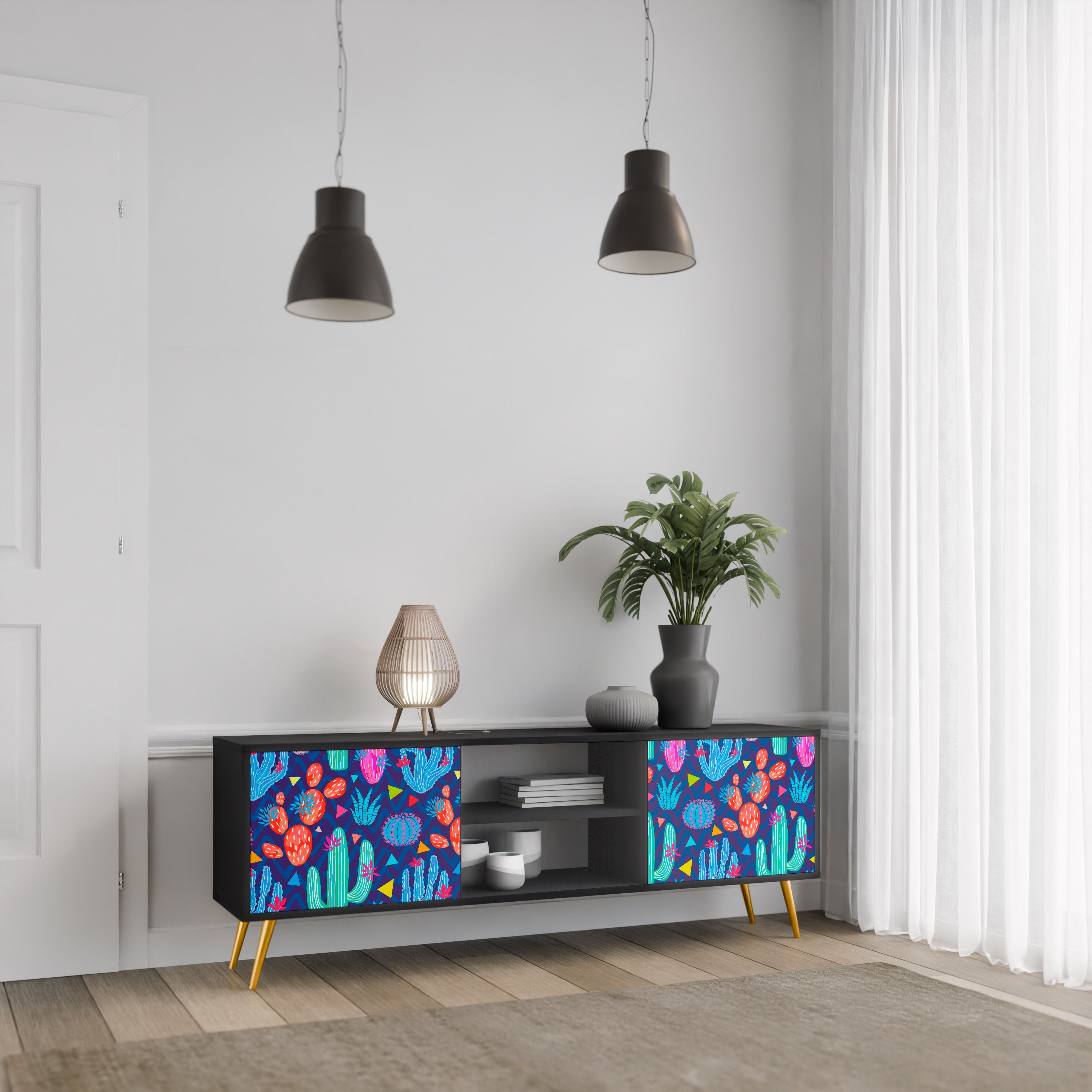 Mueble de TV de 2 puertas CACTUS VIBES en acabado negro