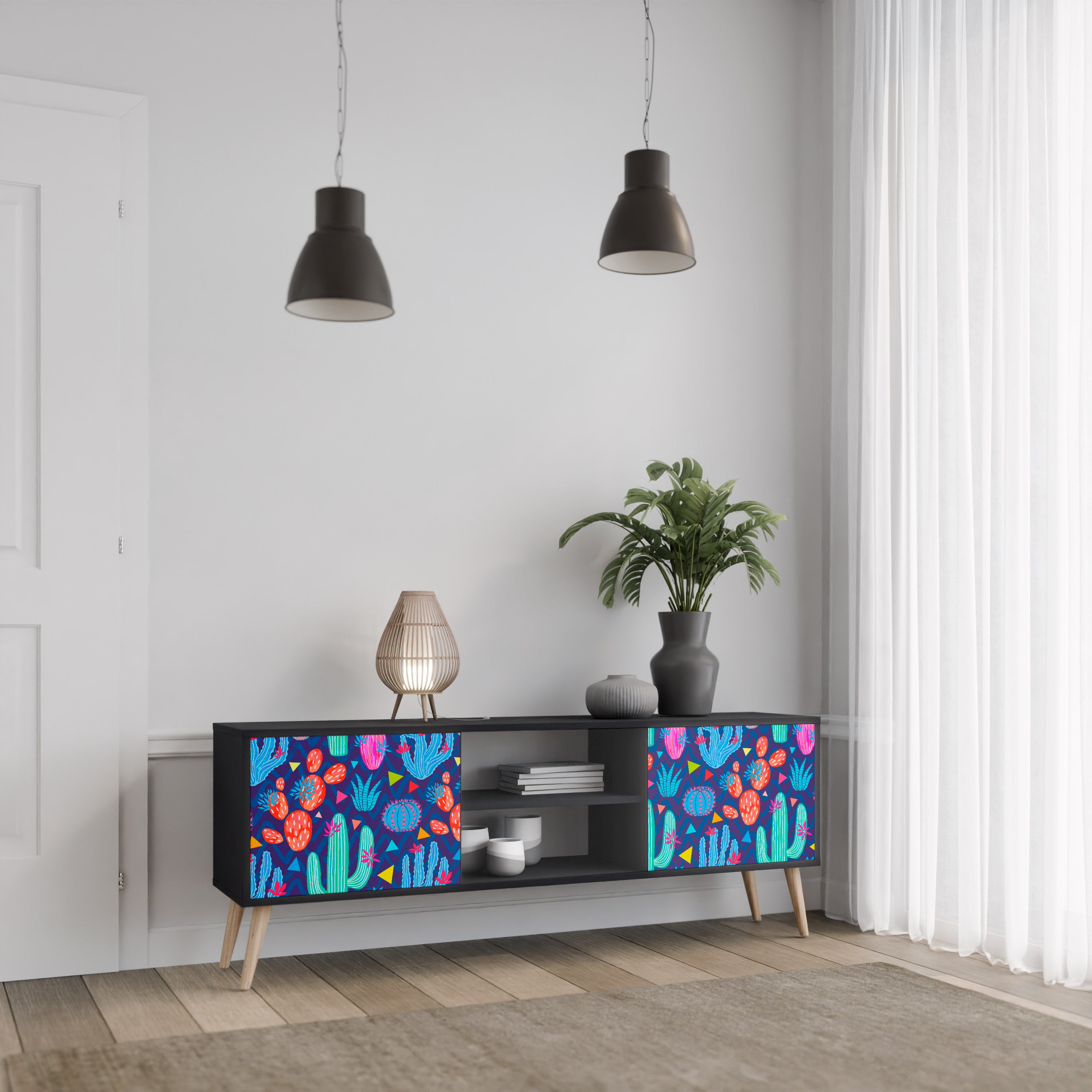 Mueble de TV de 2 puertas CACTUS VIBES en acabado negro