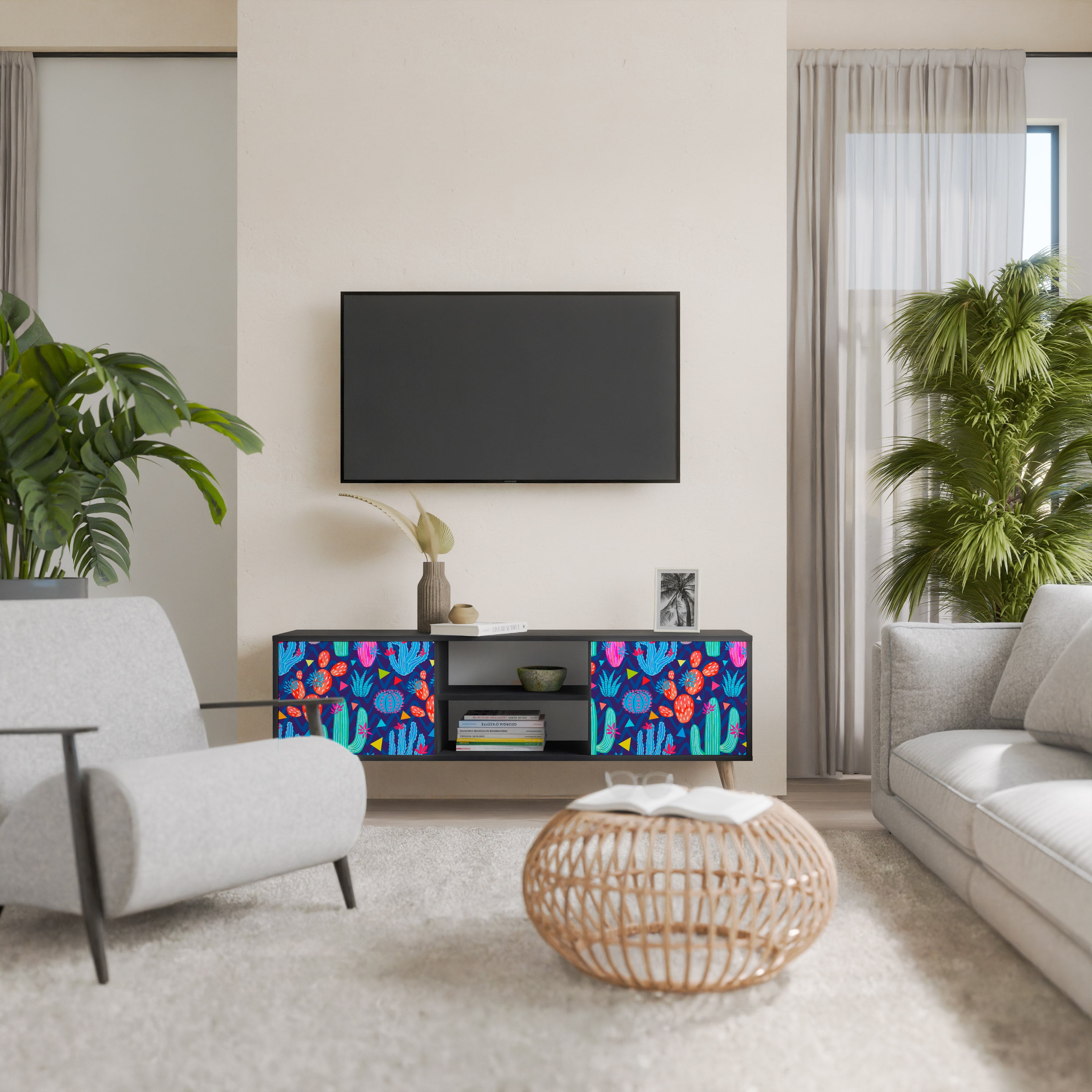 Mueble de TV de 2 puertas CACTUS VIBES en acabado negro