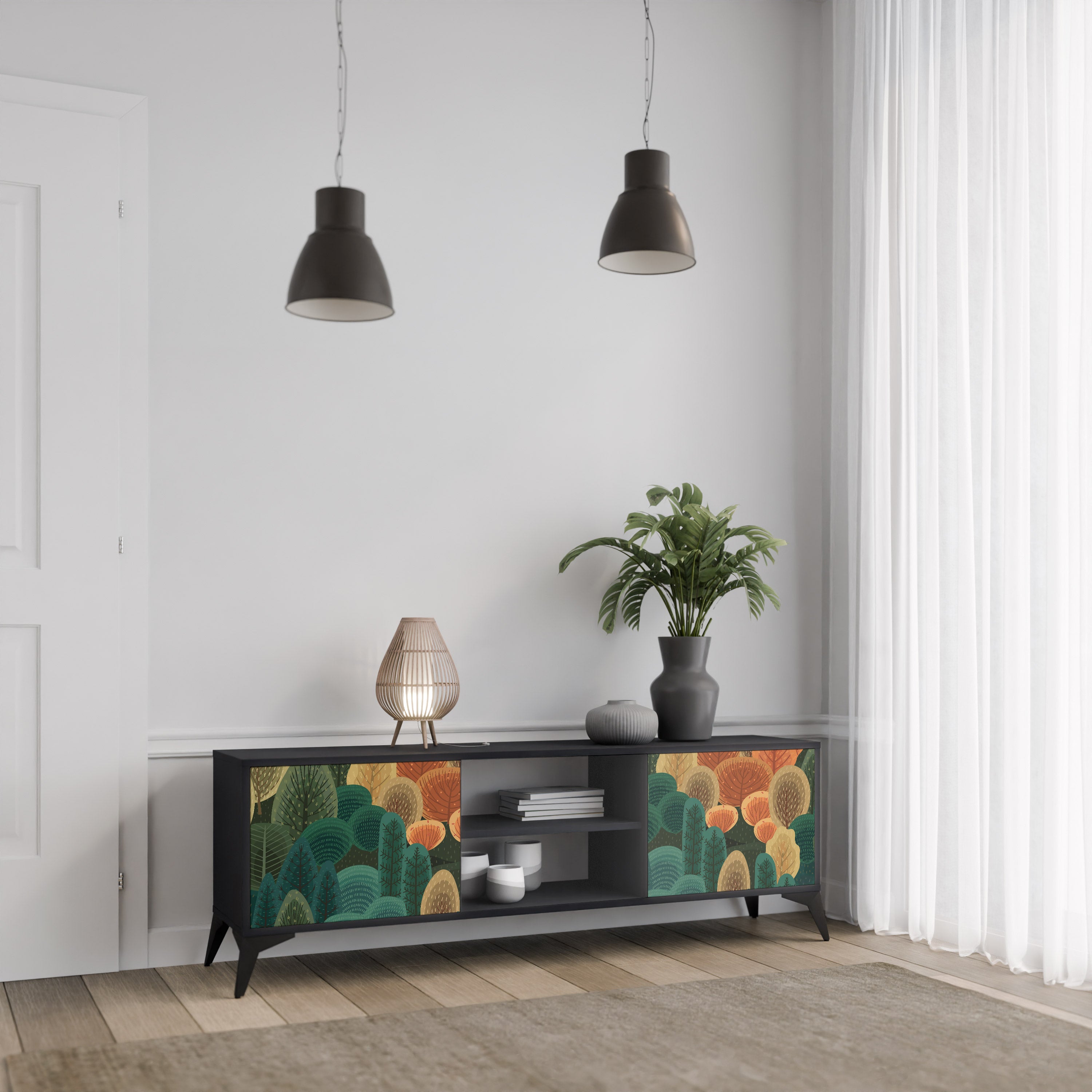 Mueble de TV de 2 puertas AUTUMN KALEIDOSCOPE en acabado negro