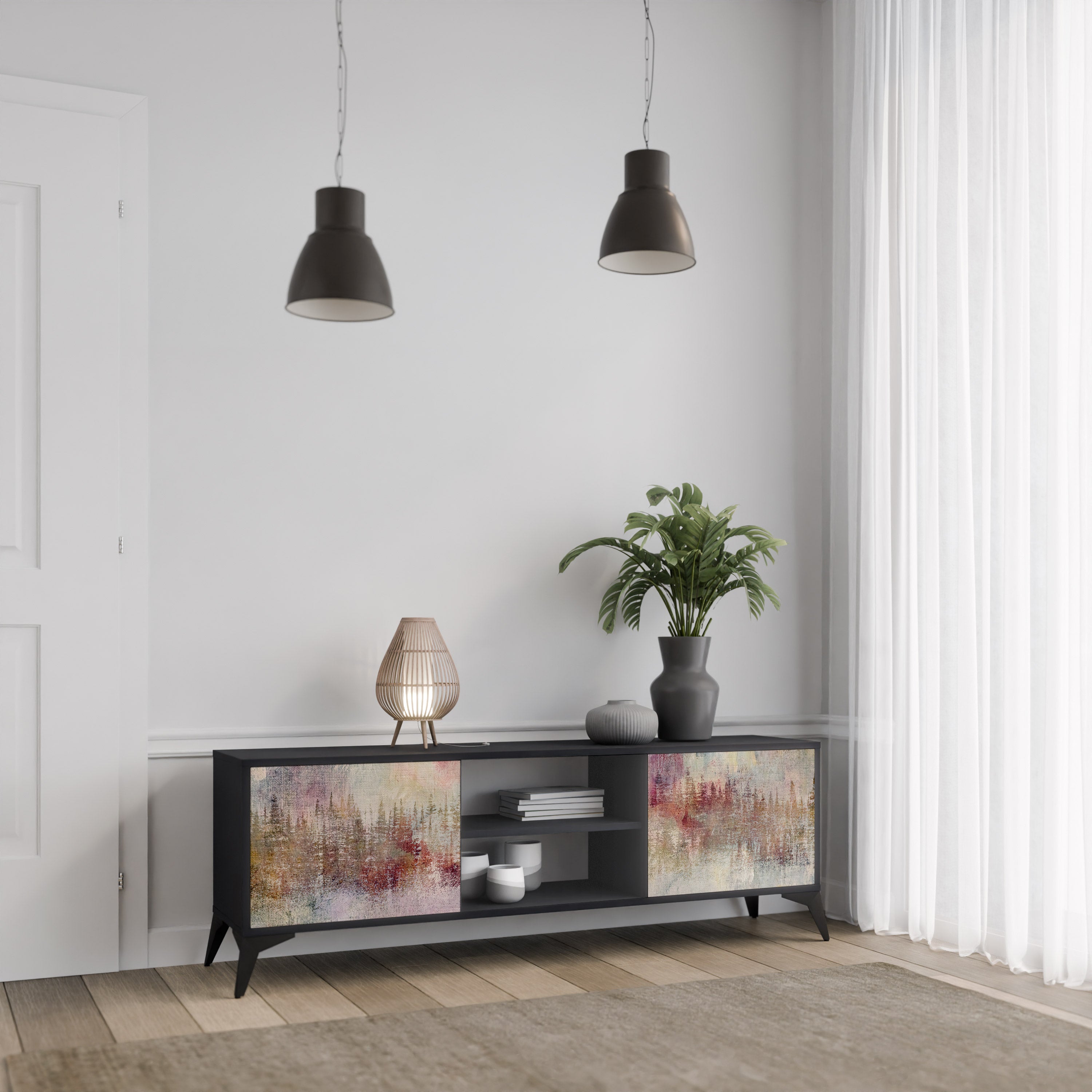 Mueble de TV de 2 puertas VEILED SUMMIT con acabado negro