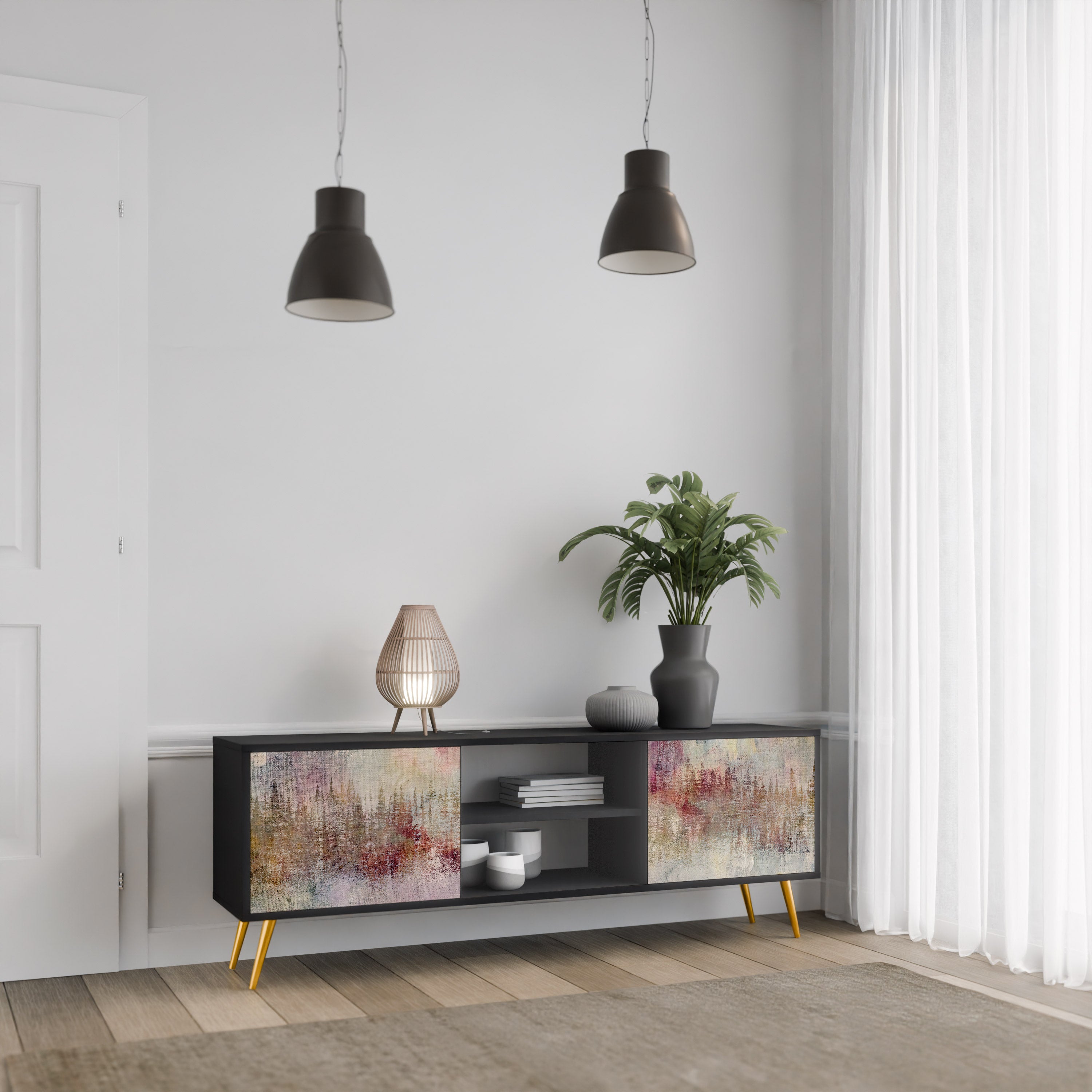 Mueble de TV de 2 puertas VEILED SUMMIT con acabado negro
