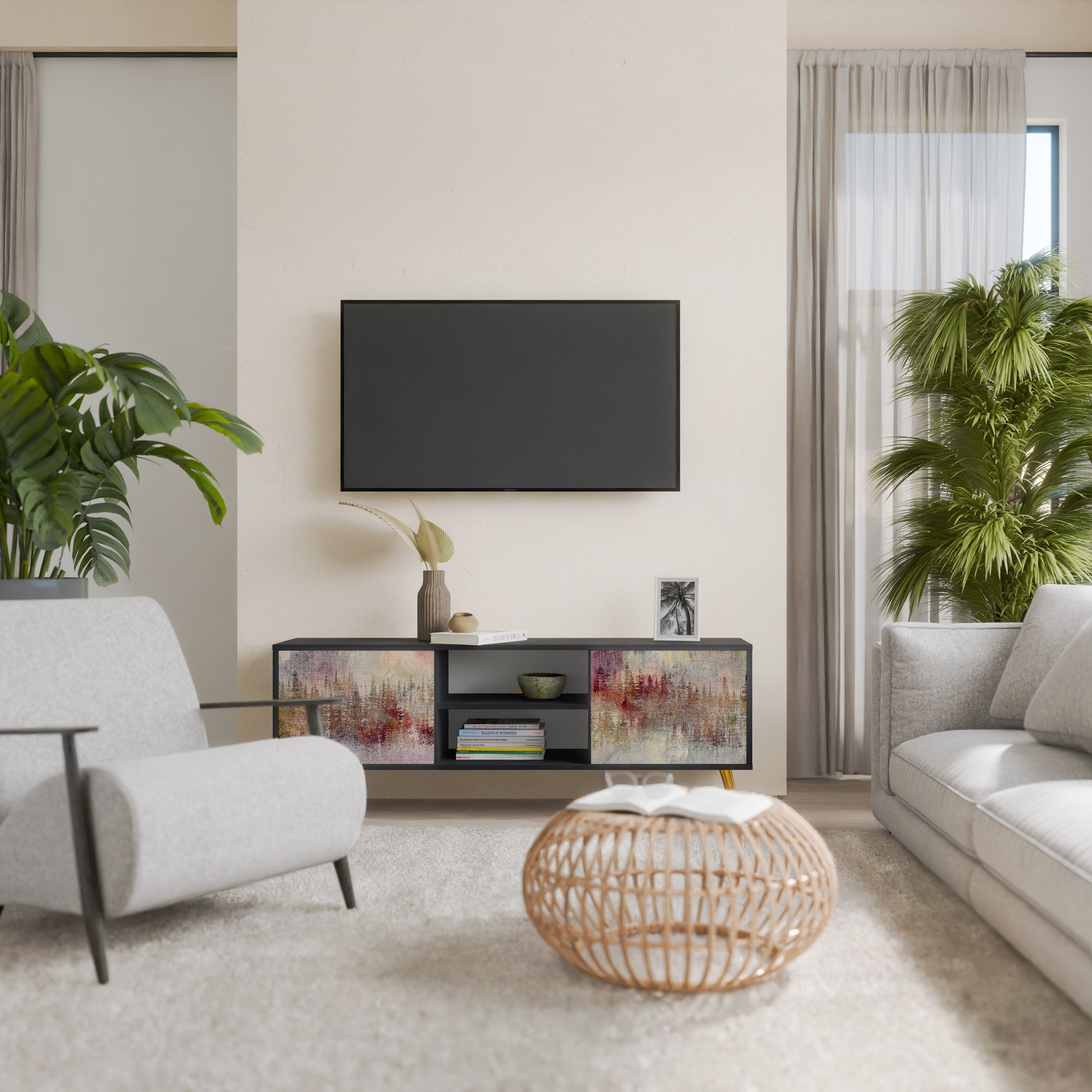 Mueble de TV de 2 puertas VEILED SUMMIT con acabado negro