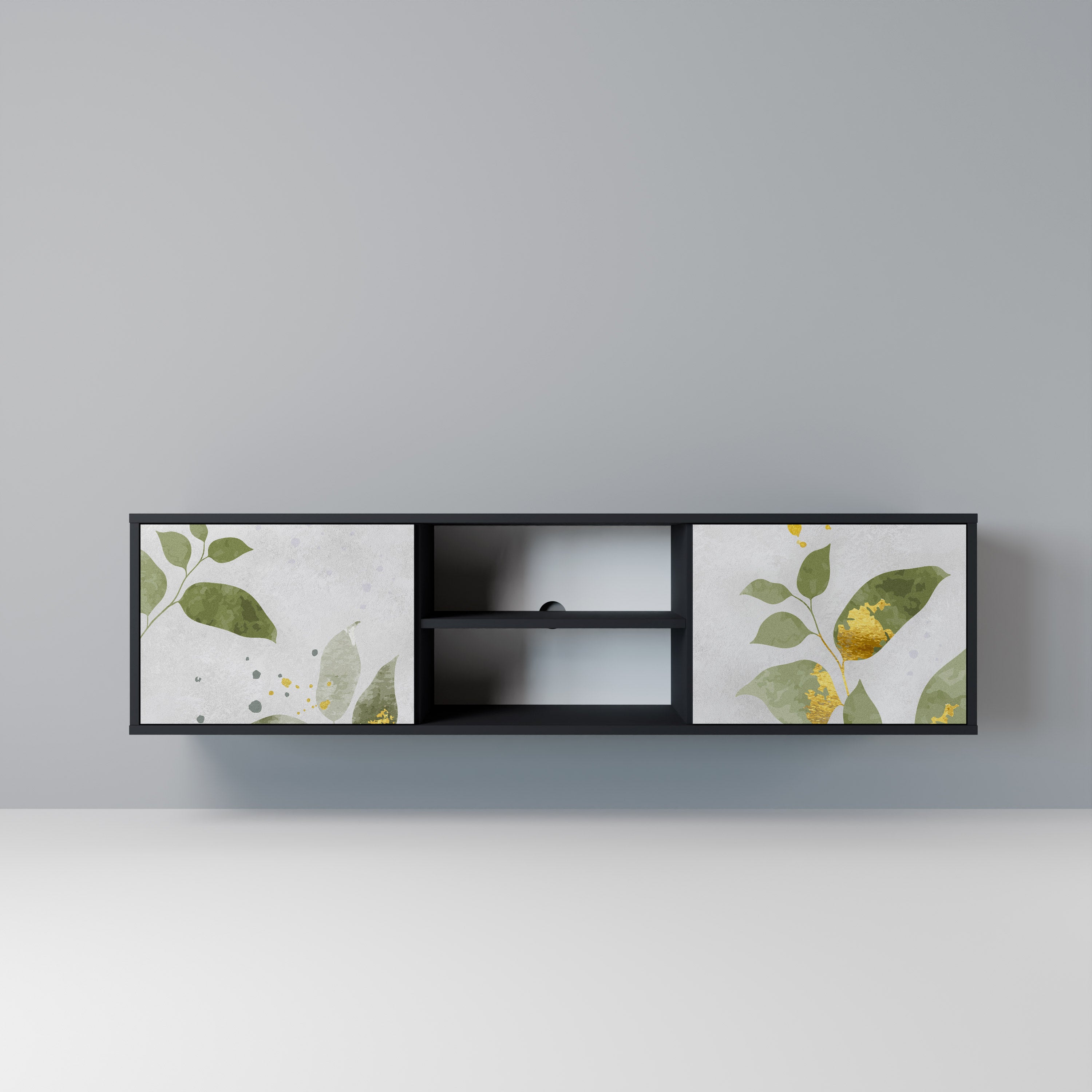 Elegante mueble de TV de 2 puertas BOTANICS con acabado negro