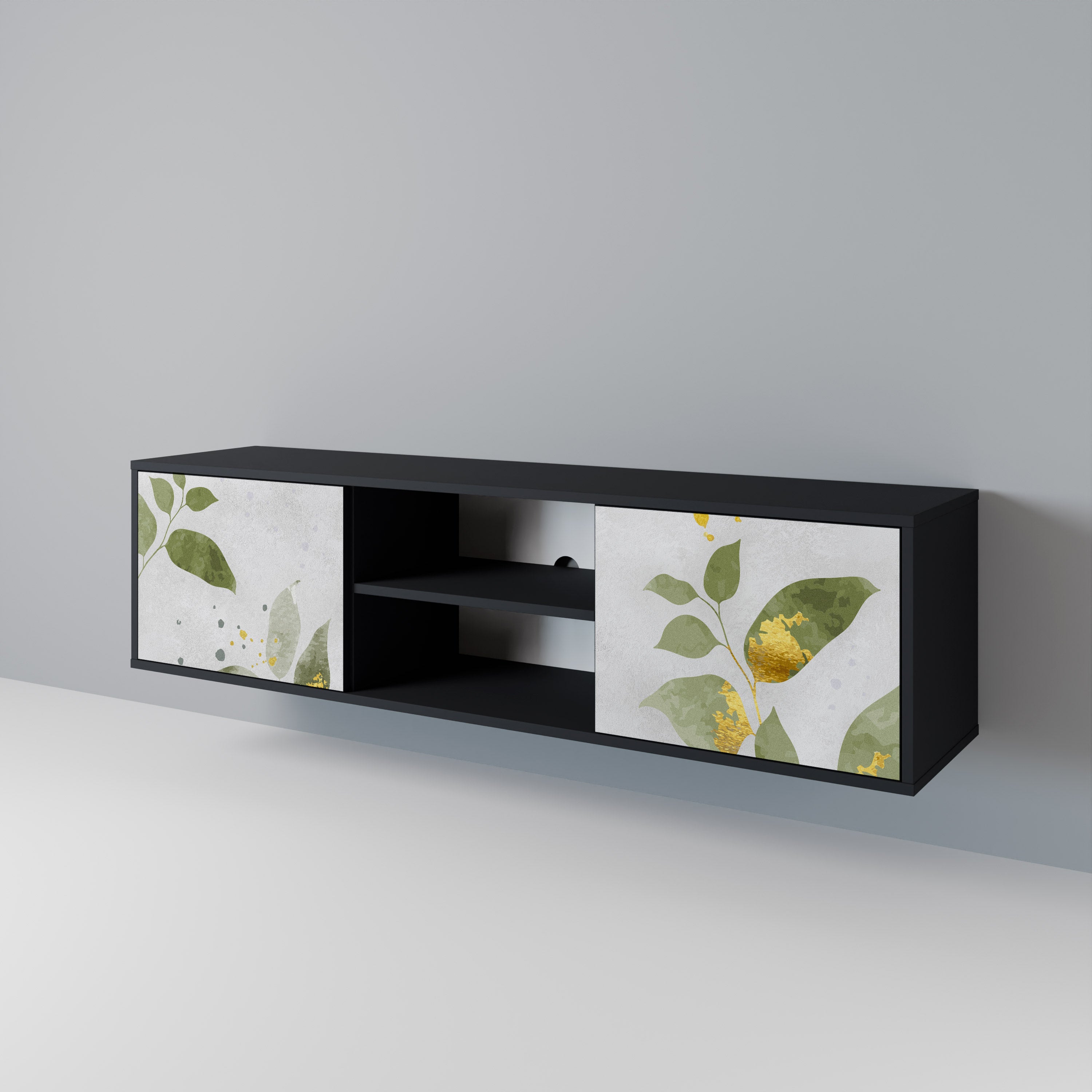 Elegante mueble de TV de 2 puertas BOTANICS con acabado negro