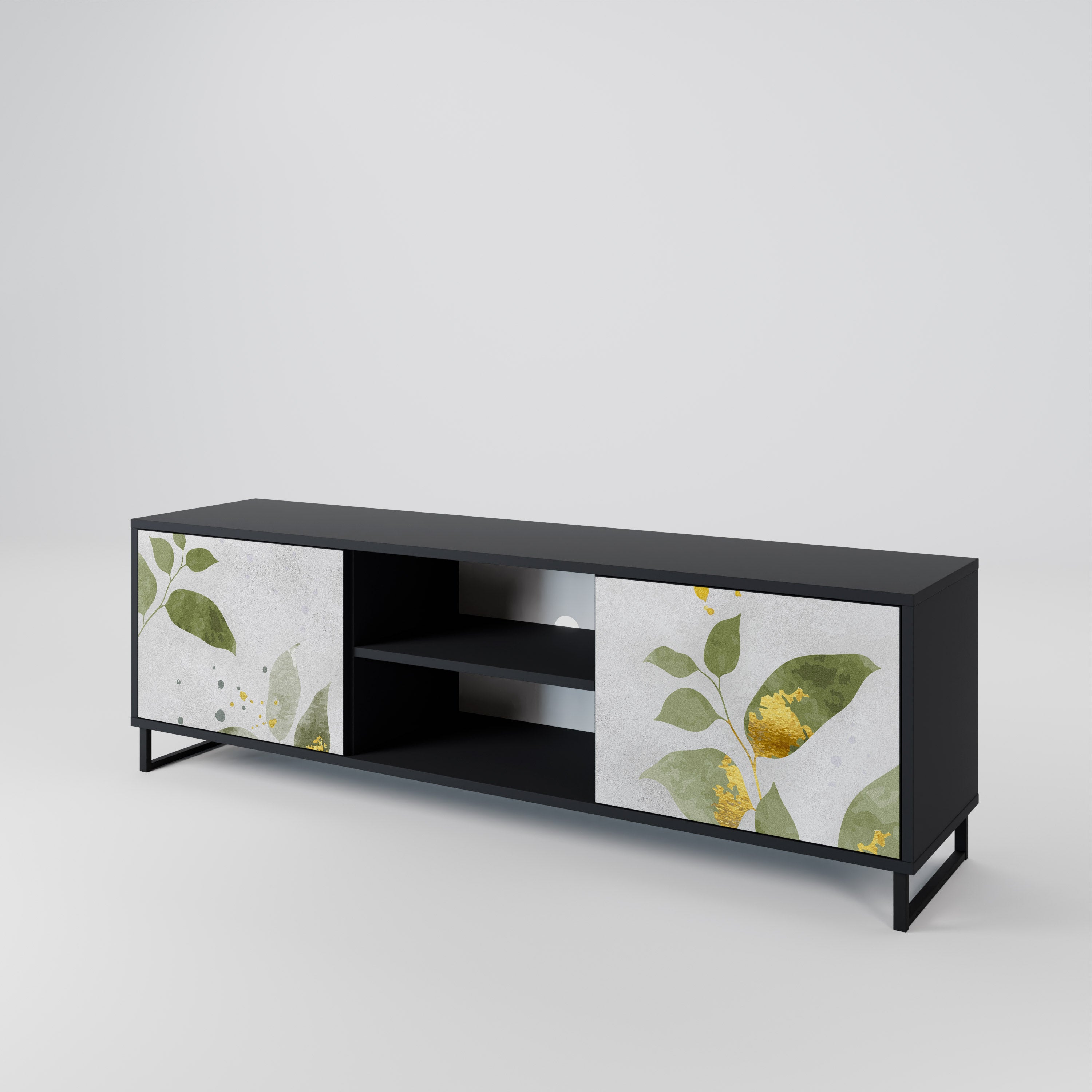 Elegante mueble de TV de 2 puertas BOTANICS con acabado negro