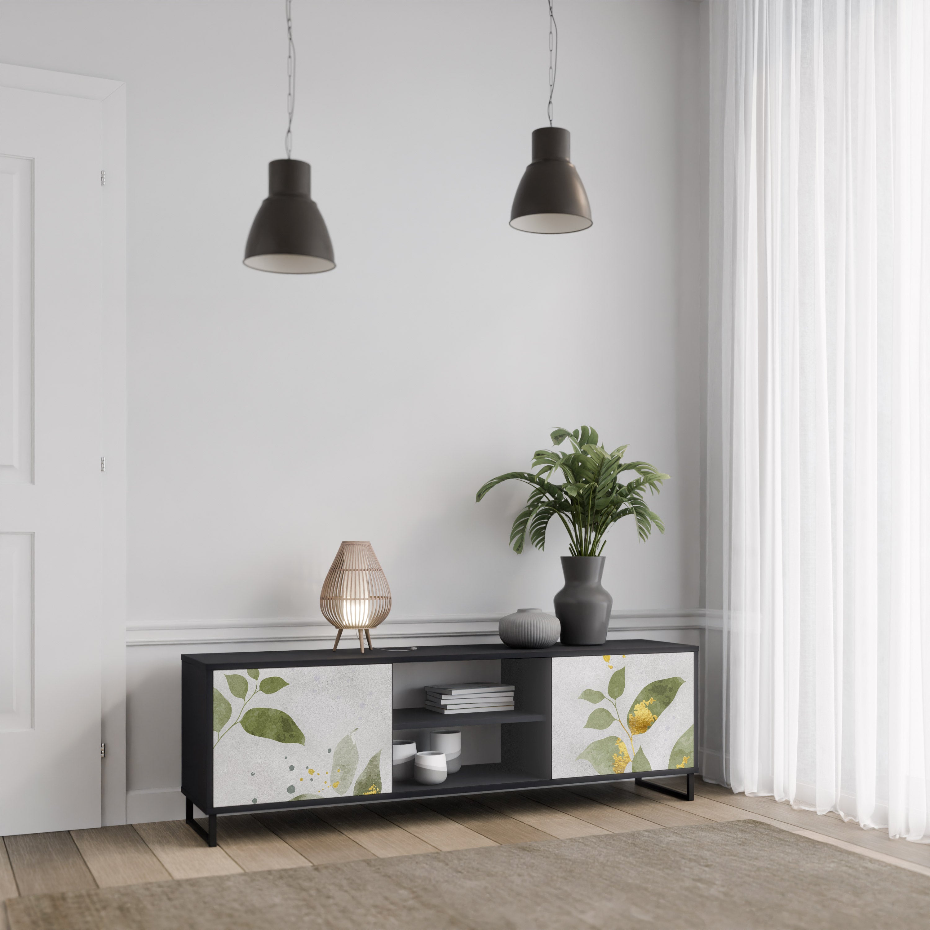 Elegante mueble de TV de 2 puertas BOTANICS con acabado negro
