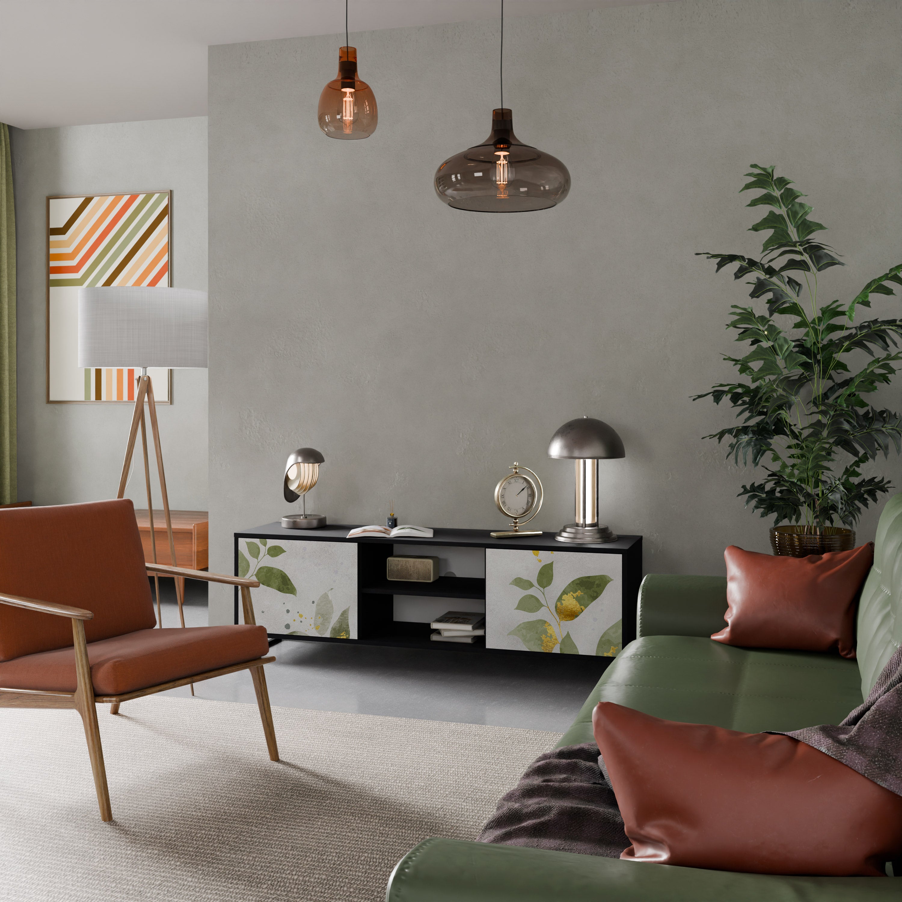 Elegante mueble de TV de 2 puertas BOTANICS con acabado negro