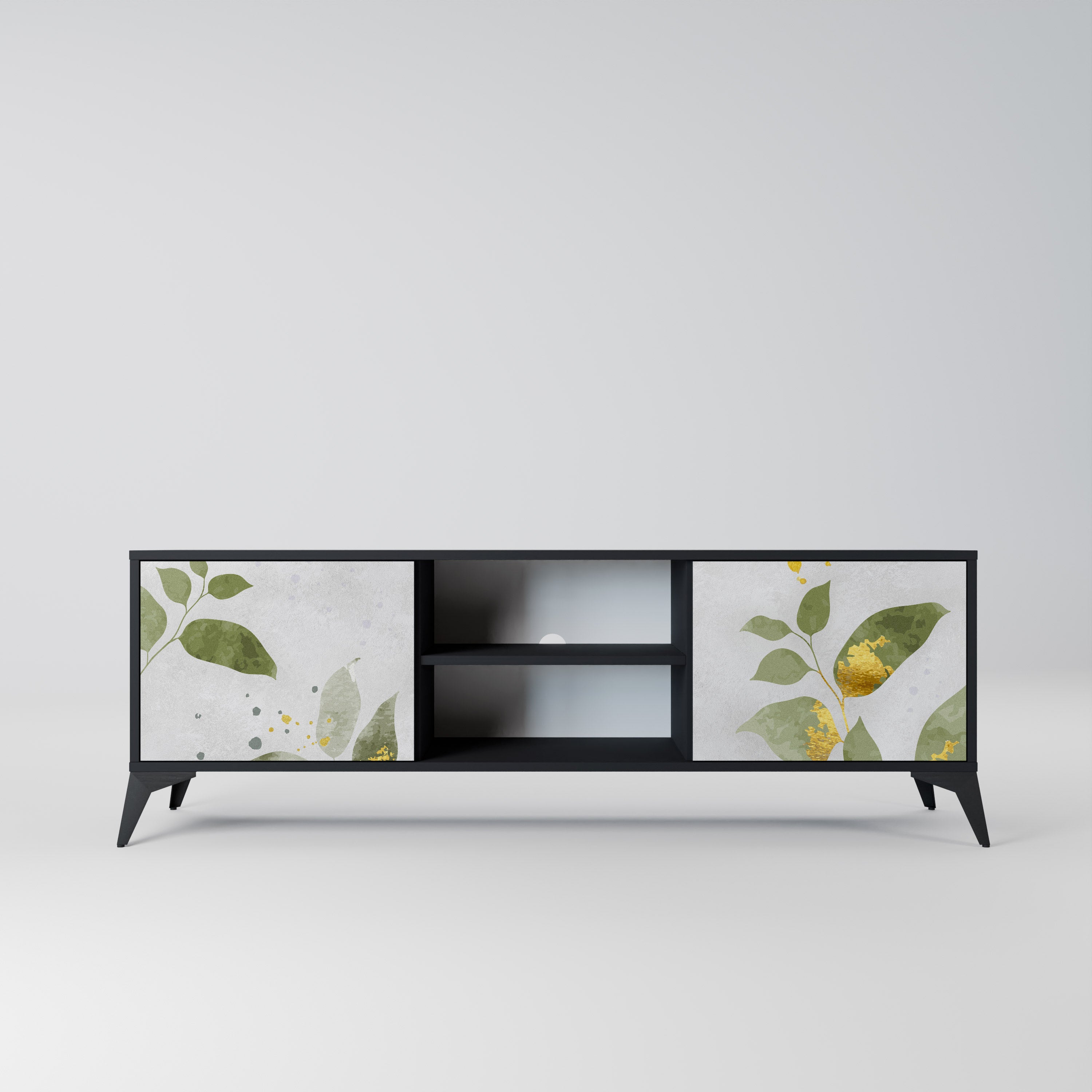 Elegante mueble de TV de 2 puertas BOTANICS con acabado negro