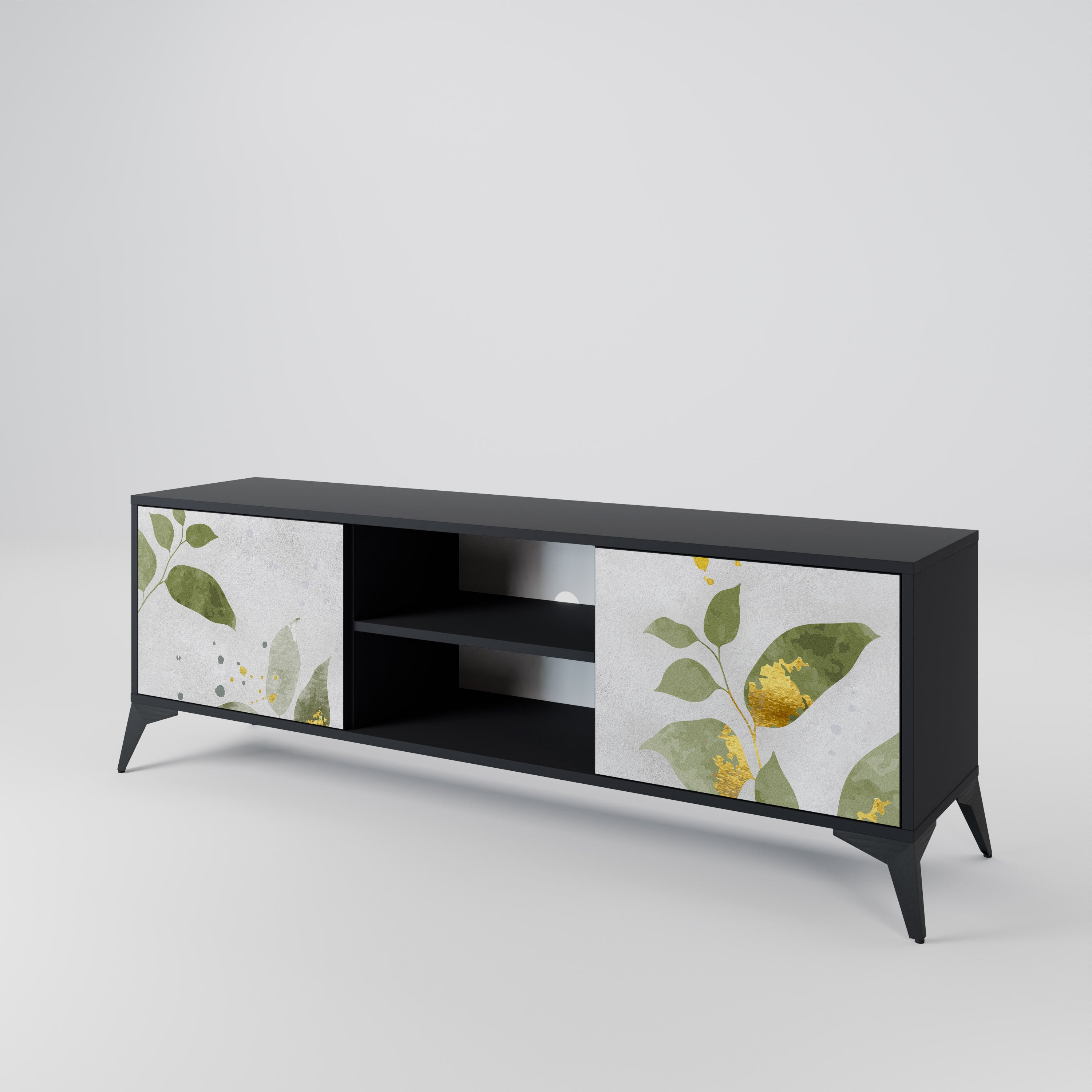 Elegante mueble de TV de 2 puertas BOTANICS con acabado negro