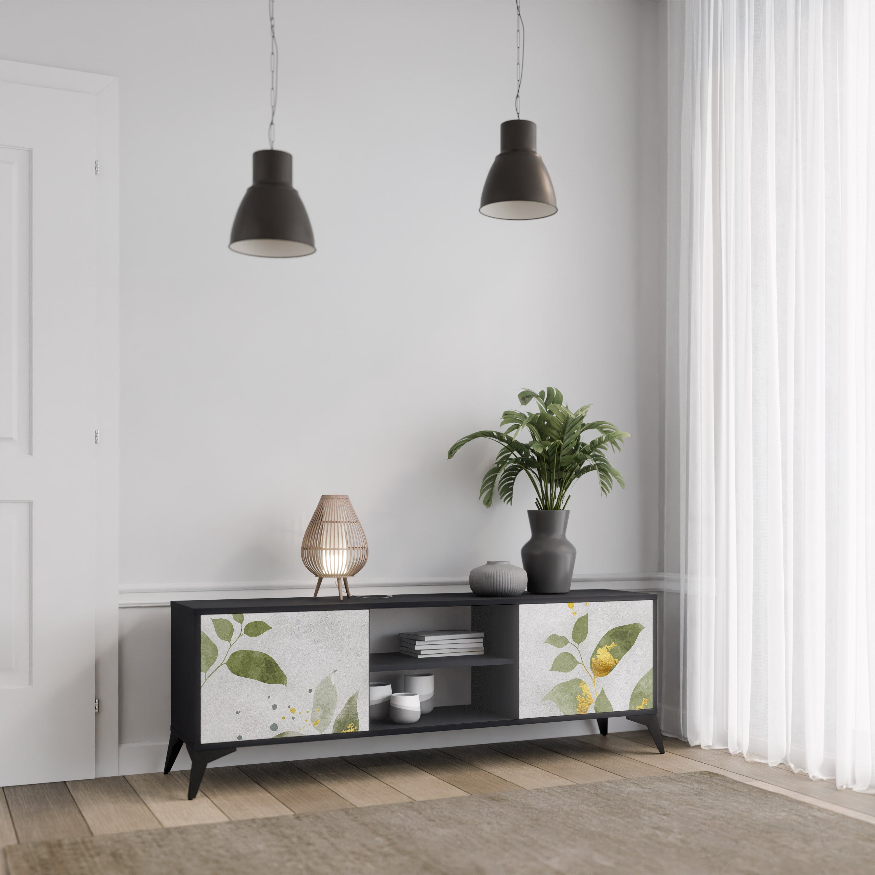 Elegante mueble de TV de 2 puertas BOTANICS con acabado negro