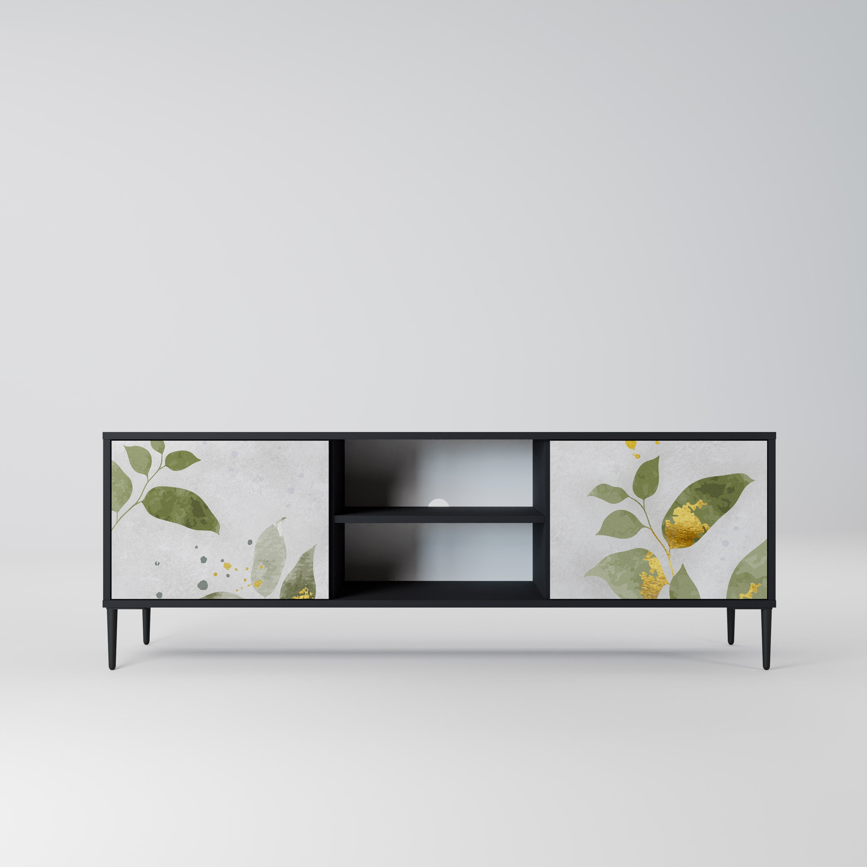 Elegante mueble de TV de 2 puertas BOTANICS con acabado negro