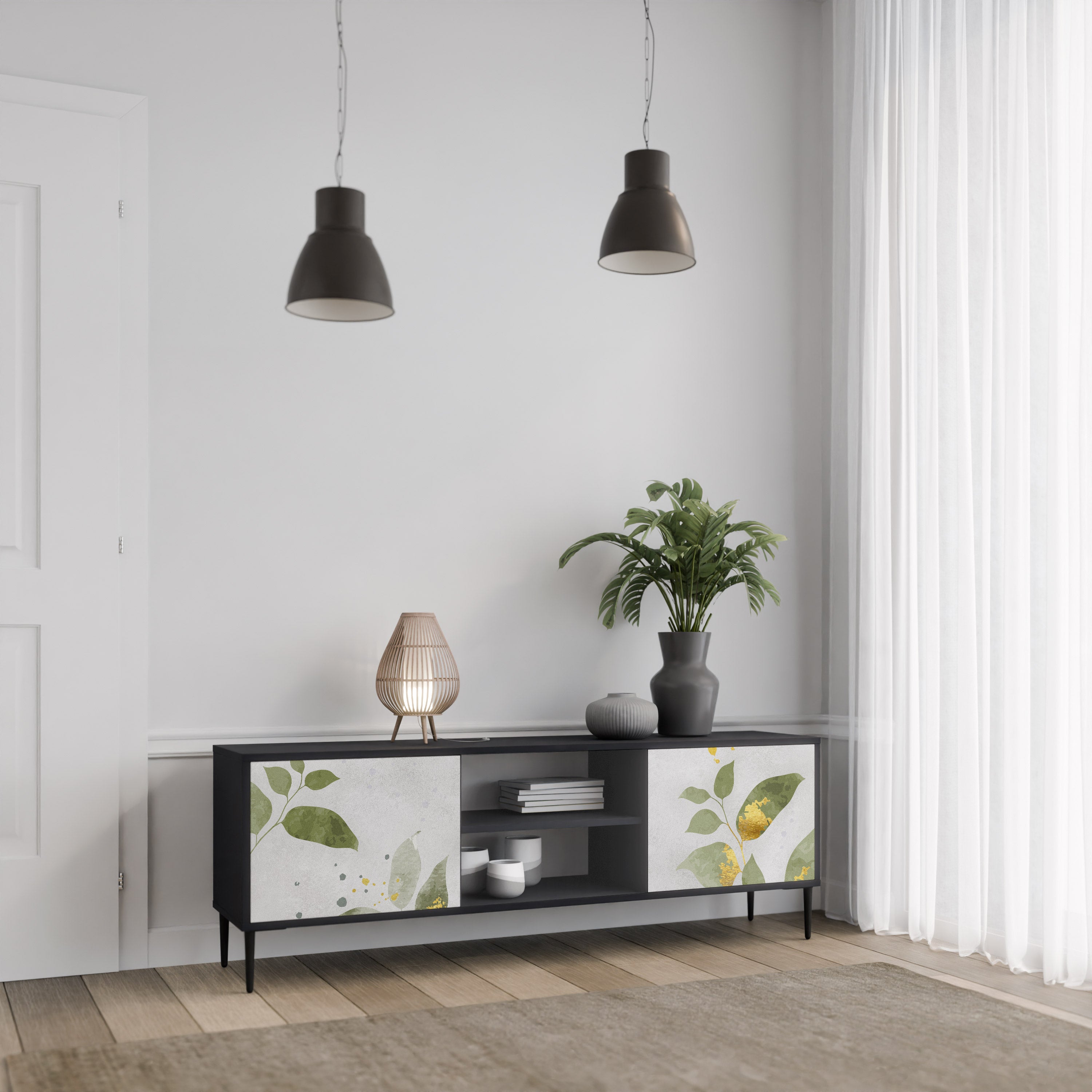 Elegante mueble de TV de 2 puertas BOTANICS con acabado negro