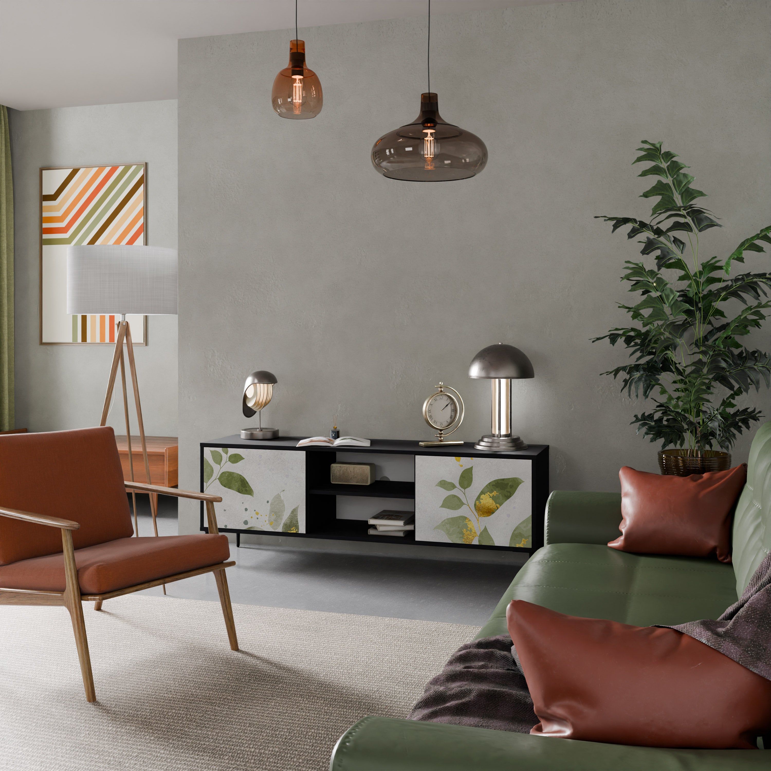 Elegante mueble de TV de 2 puertas BOTANICS con acabado negro