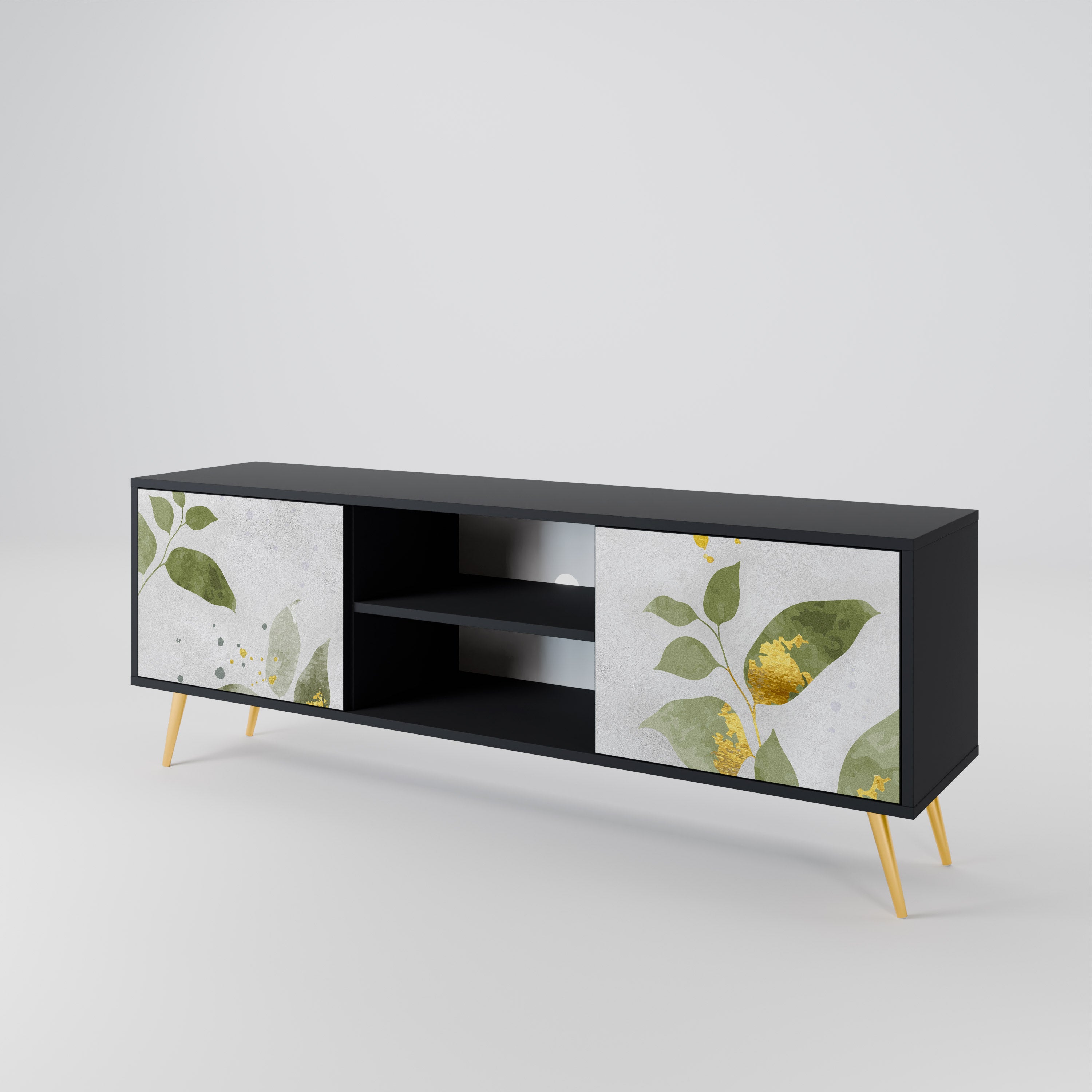 Elegante mueble de TV de 2 puertas BOTANICS con acabado negro