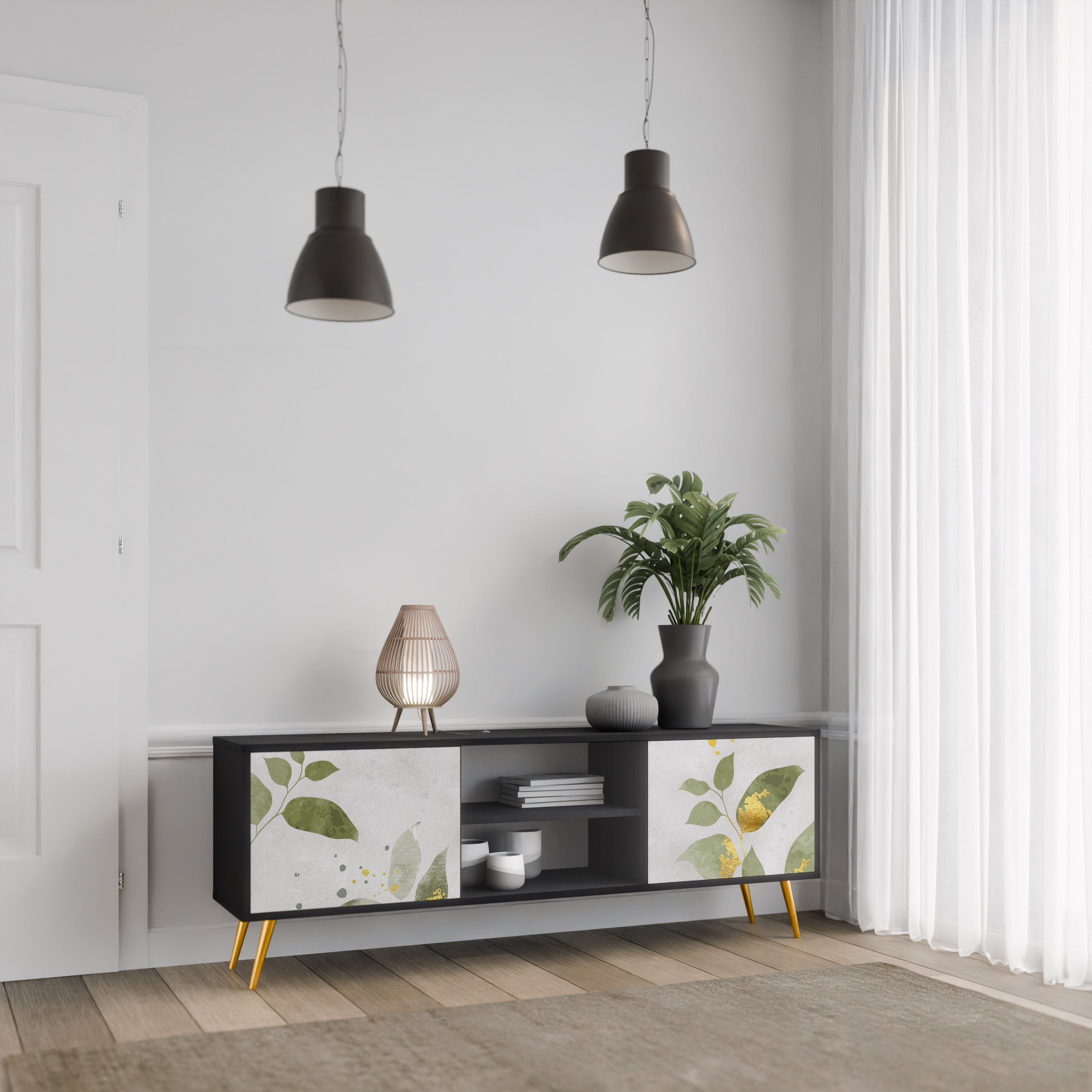 Elegante mueble de TV de 2 puertas BOTANICS con acabado negro