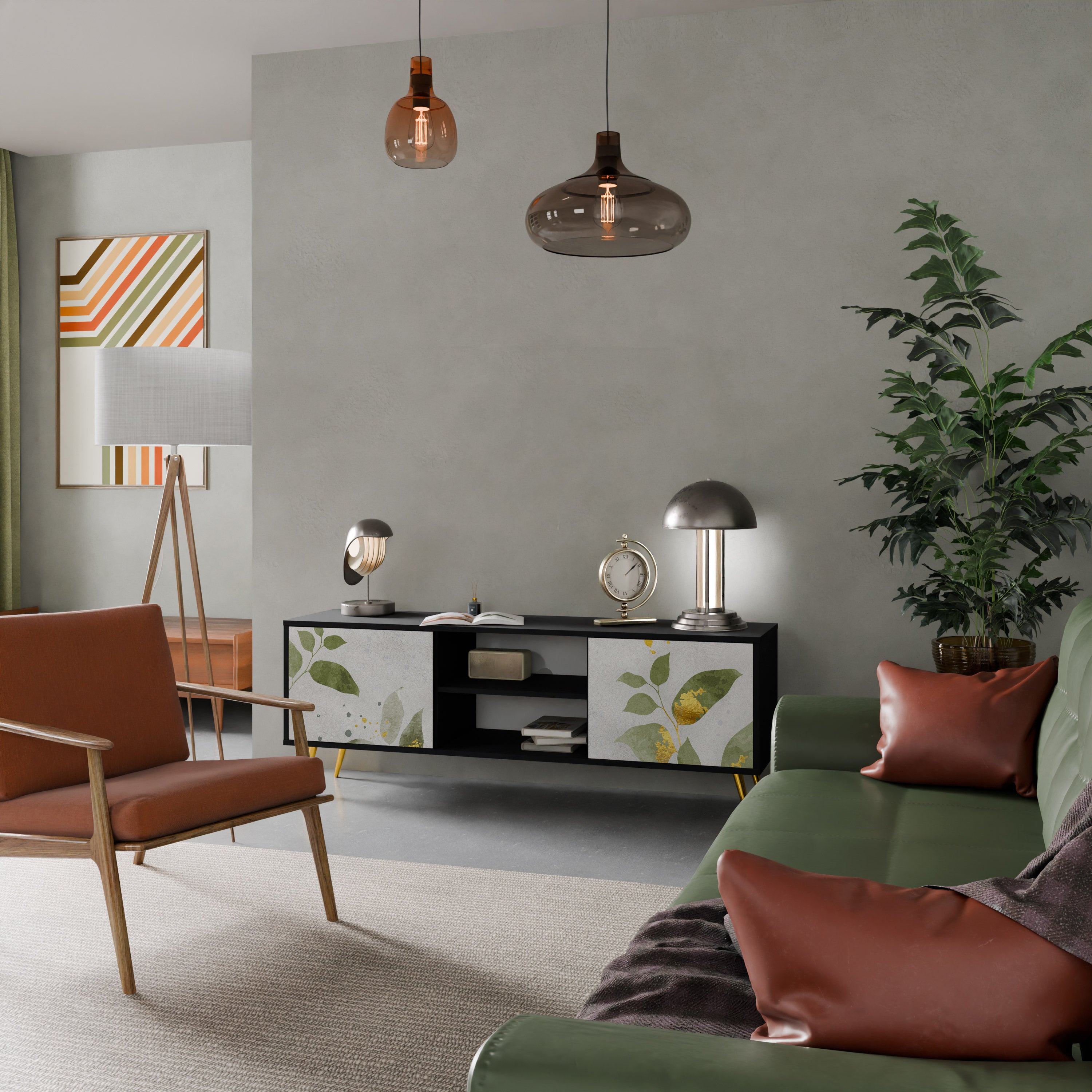 Elegante mueble de TV de 2 puertas BOTANICS con acabado negro